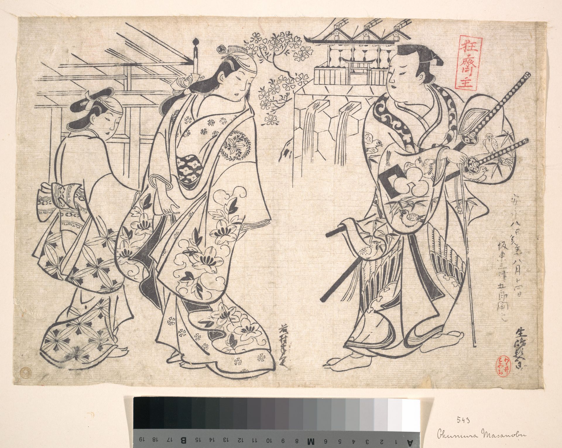 Ikushima Shingoro as a Bushi (Samurai) and Ogino Yaegiri as a Woman with A girl Attendant by Okumura Masanobu