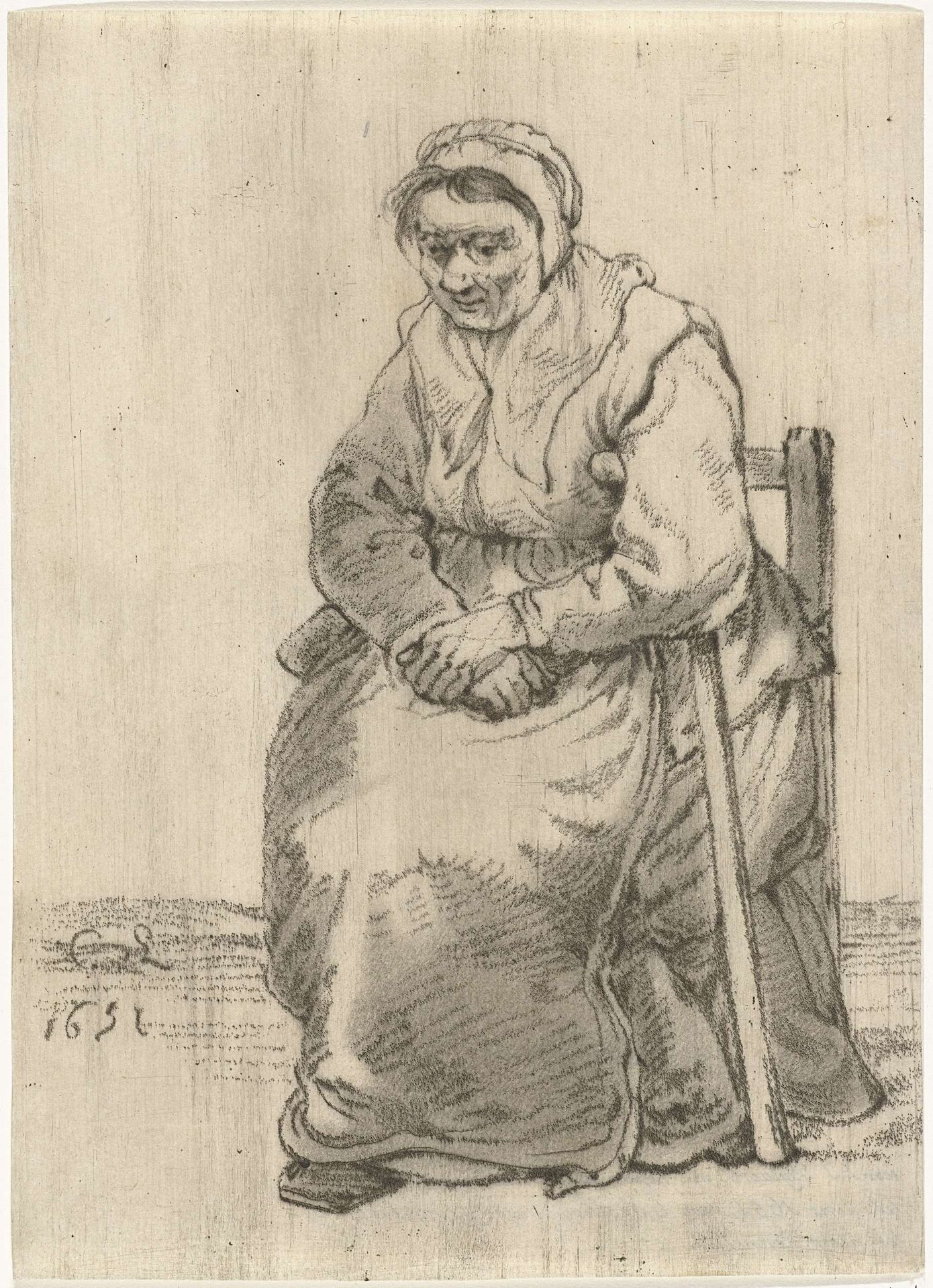 Oude vrouw met kruk op stoel gezeten by Joannis Jacobus Bijlaert