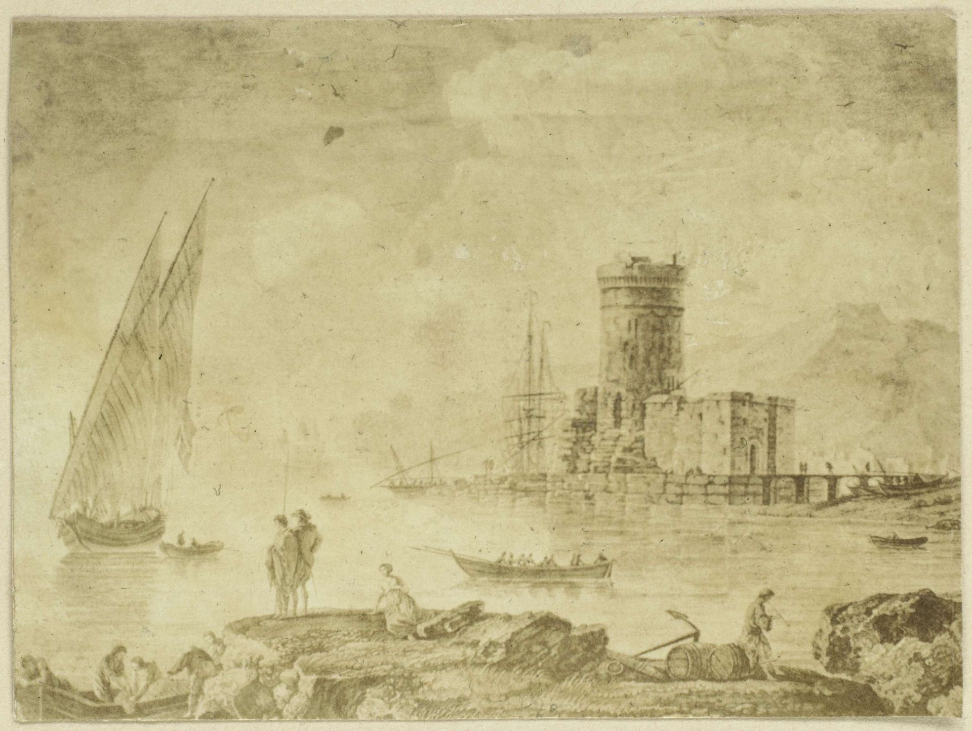 Tekening 'La mer calme' met schip op rustig water by Eduard Isaac Asser