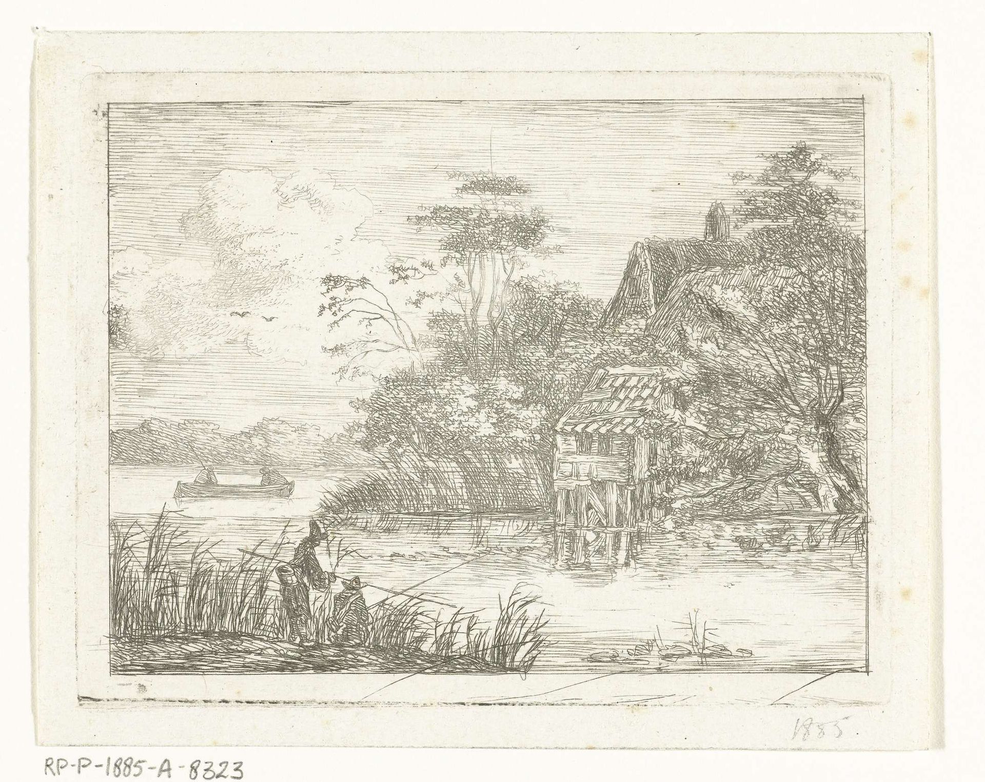 Landschap met boerderij aan water en twee vissers by Albertus Brondgeest