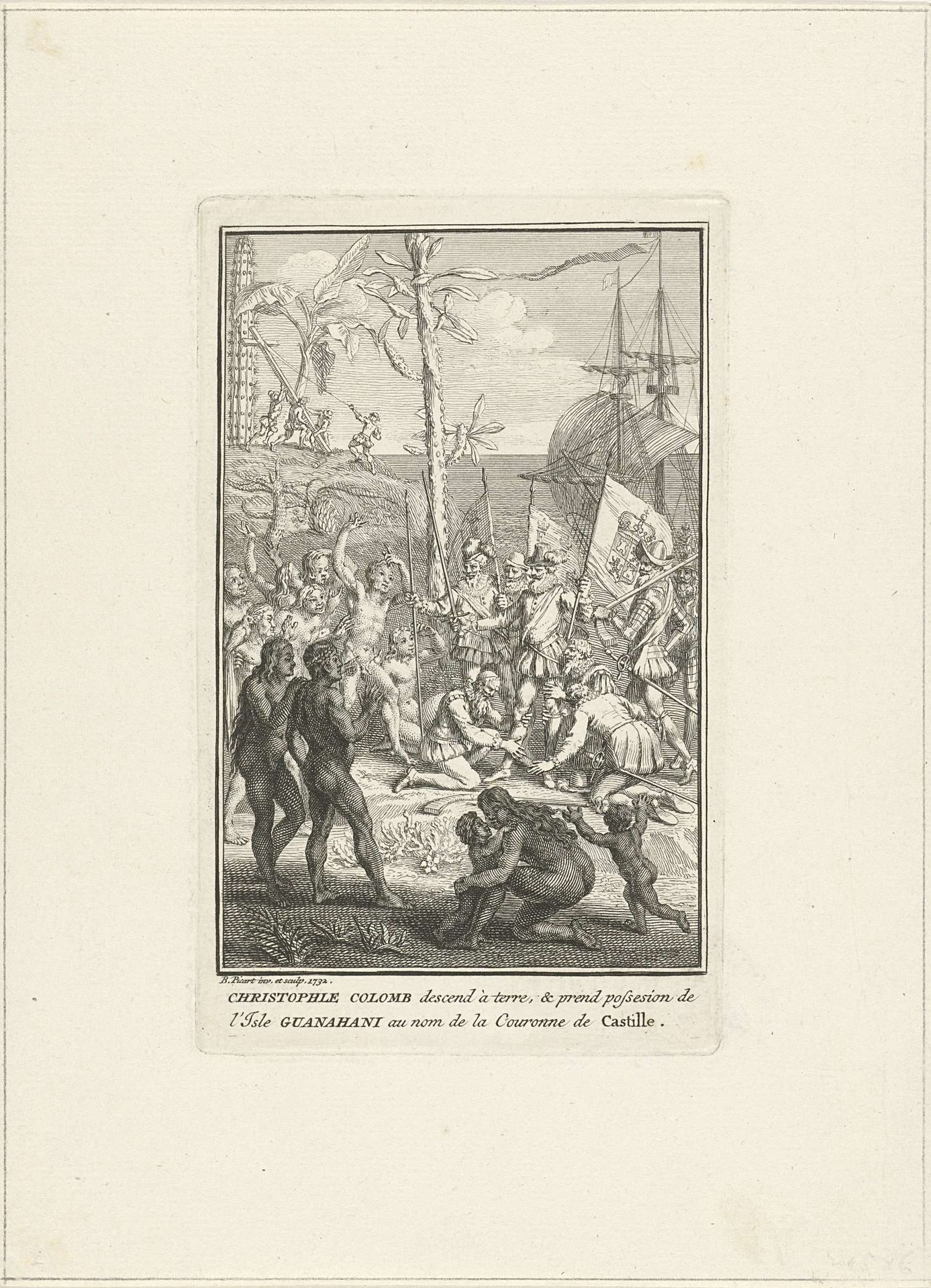 Columbus komt aan land op het eiland Guanahani by Bernard Picart