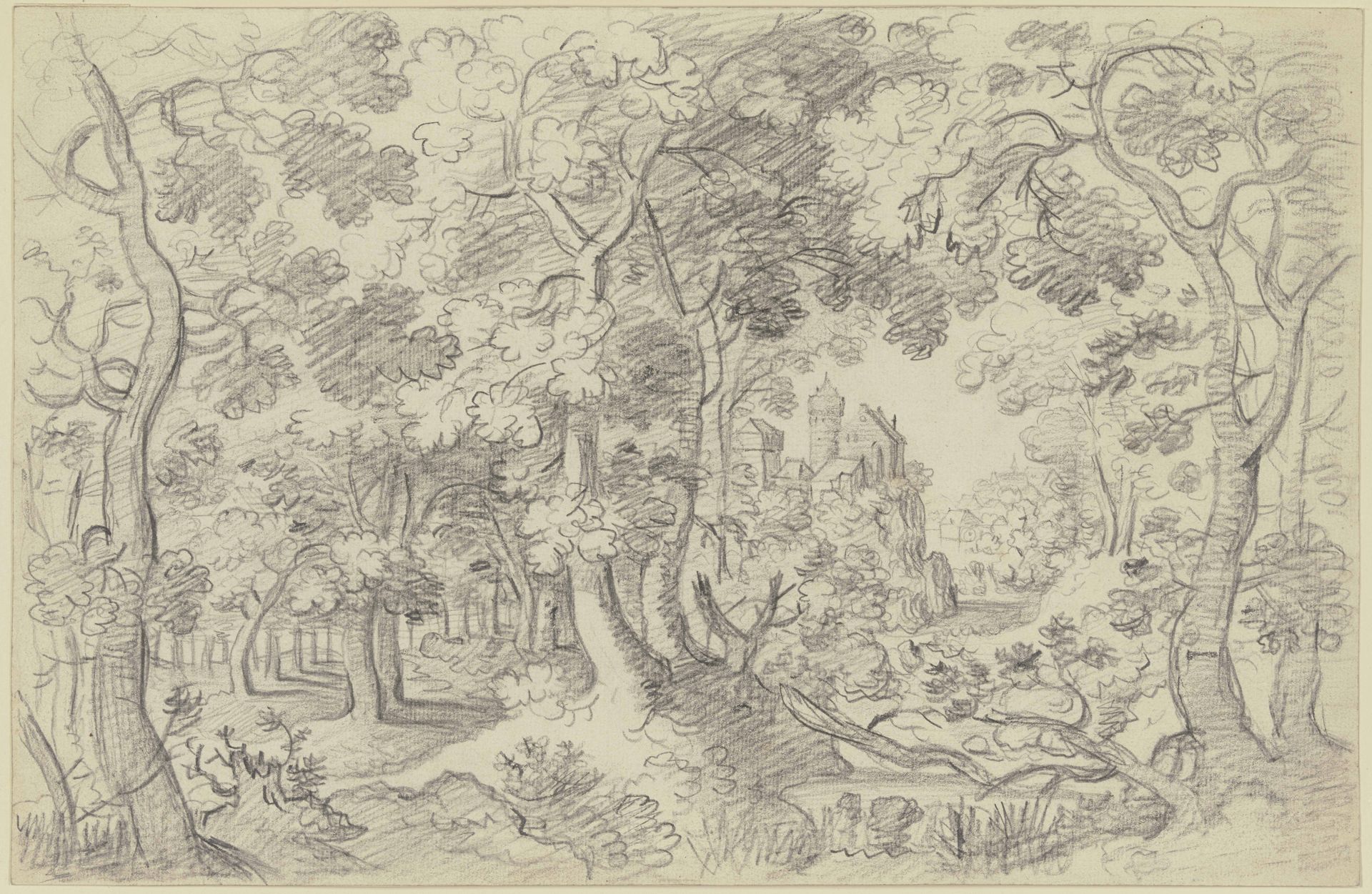 Waldpartie mit Durchblick auf ein hochgelegenes Schloß by Friedrich Wilhelm Hirt