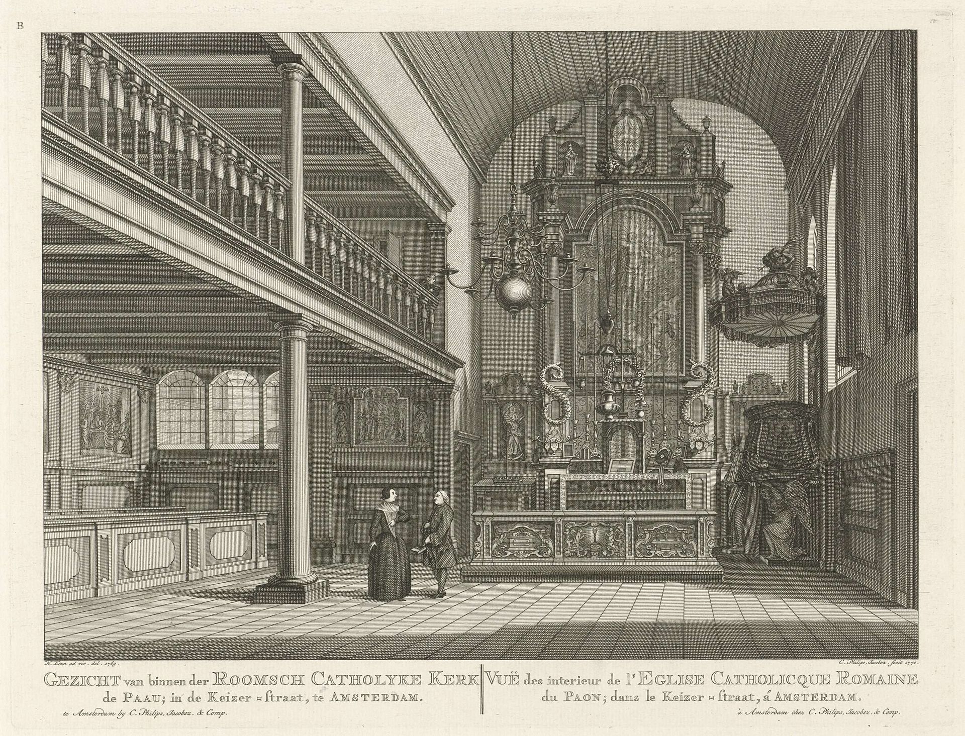 Interieur van de Rooms Katholieke schuilkerk de Paauw in de Keizerstraat te Amsterdam by Caspar Jacobsz. Philips