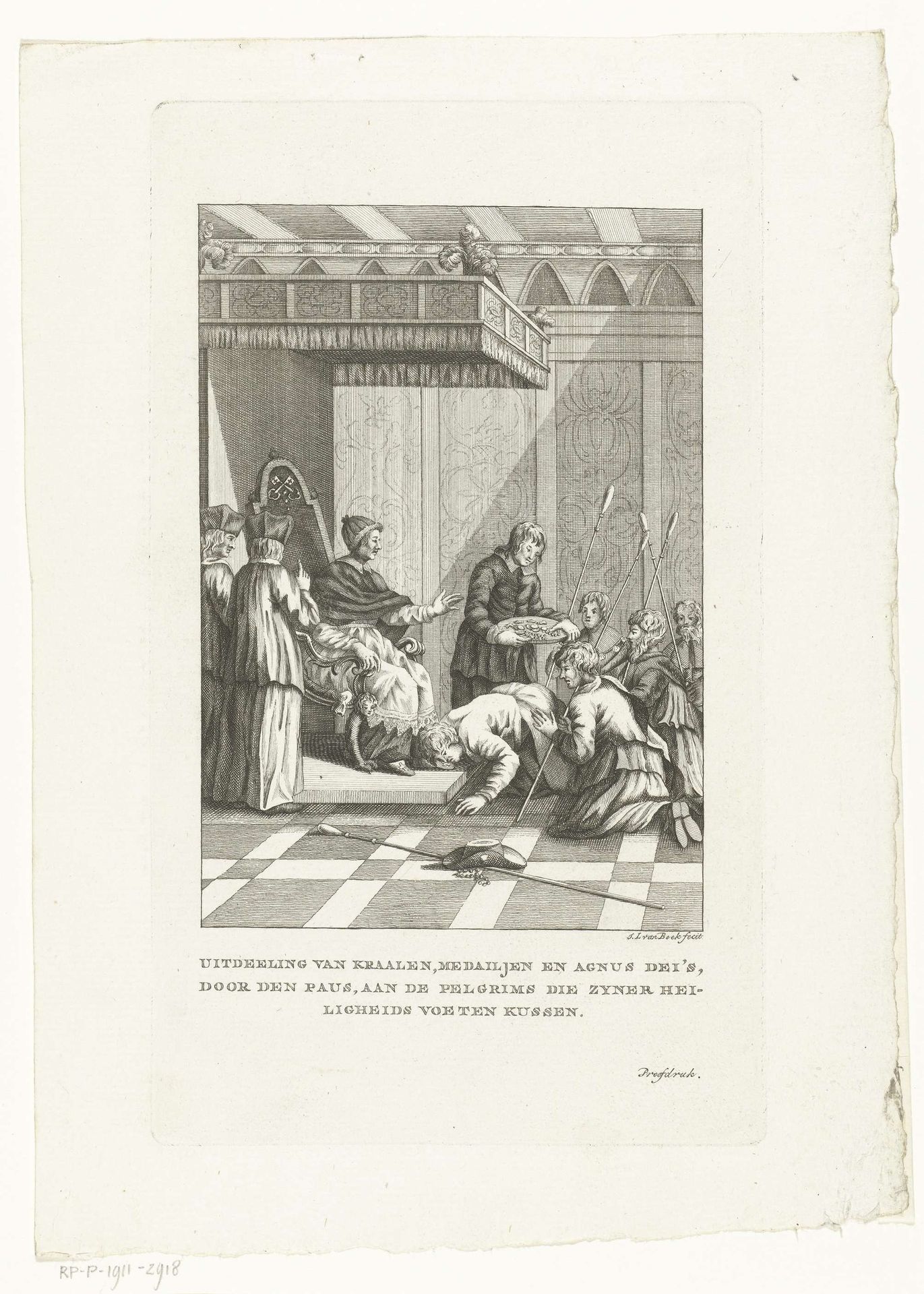 Paus deelt pelgrimsinsignes aan pelgrims uit die zijn voeten kussen by Jan Lucas van der Beek