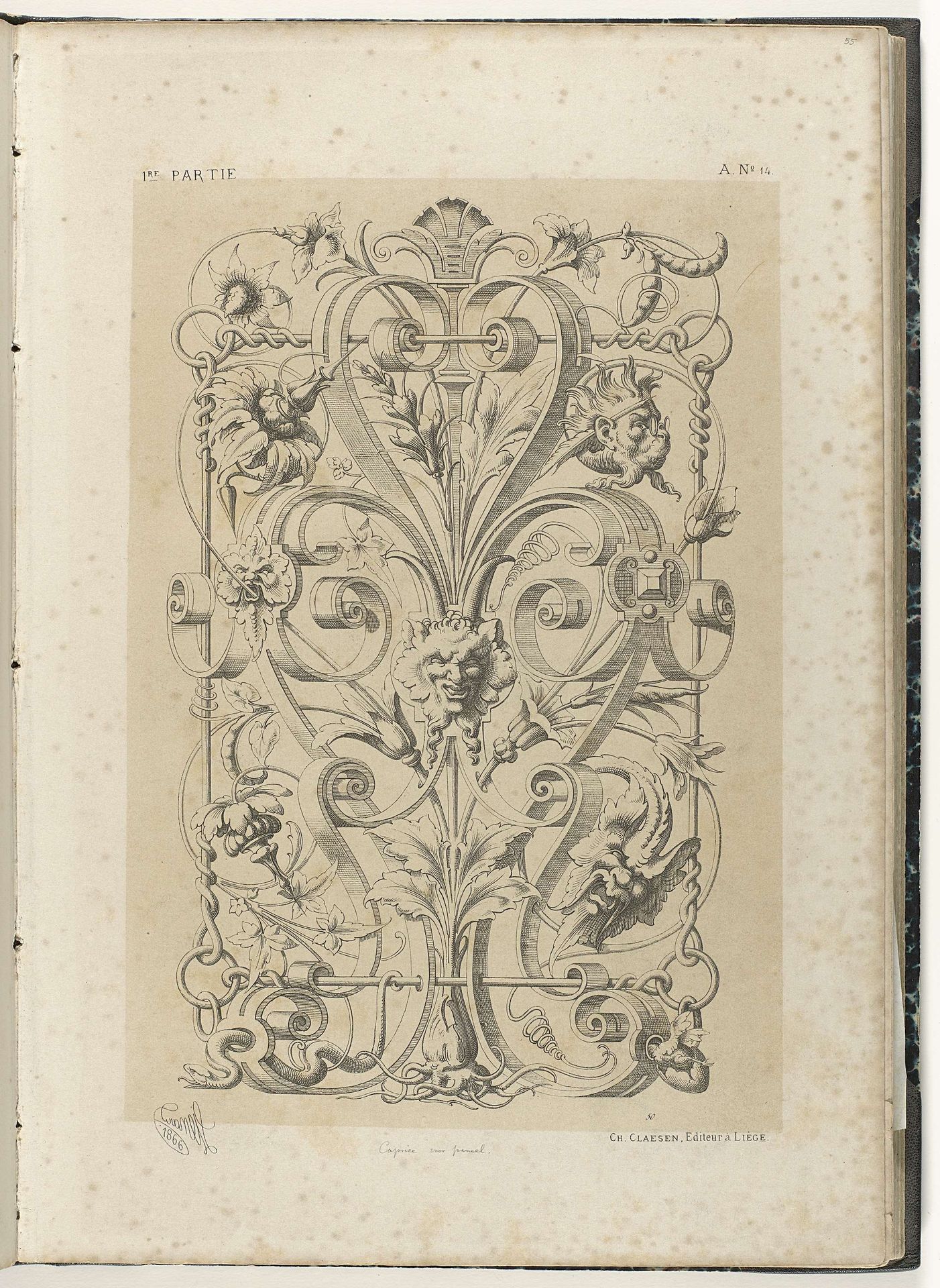 Paneel met satermasker tussen bladranken en rolwerk by Michel Liénard