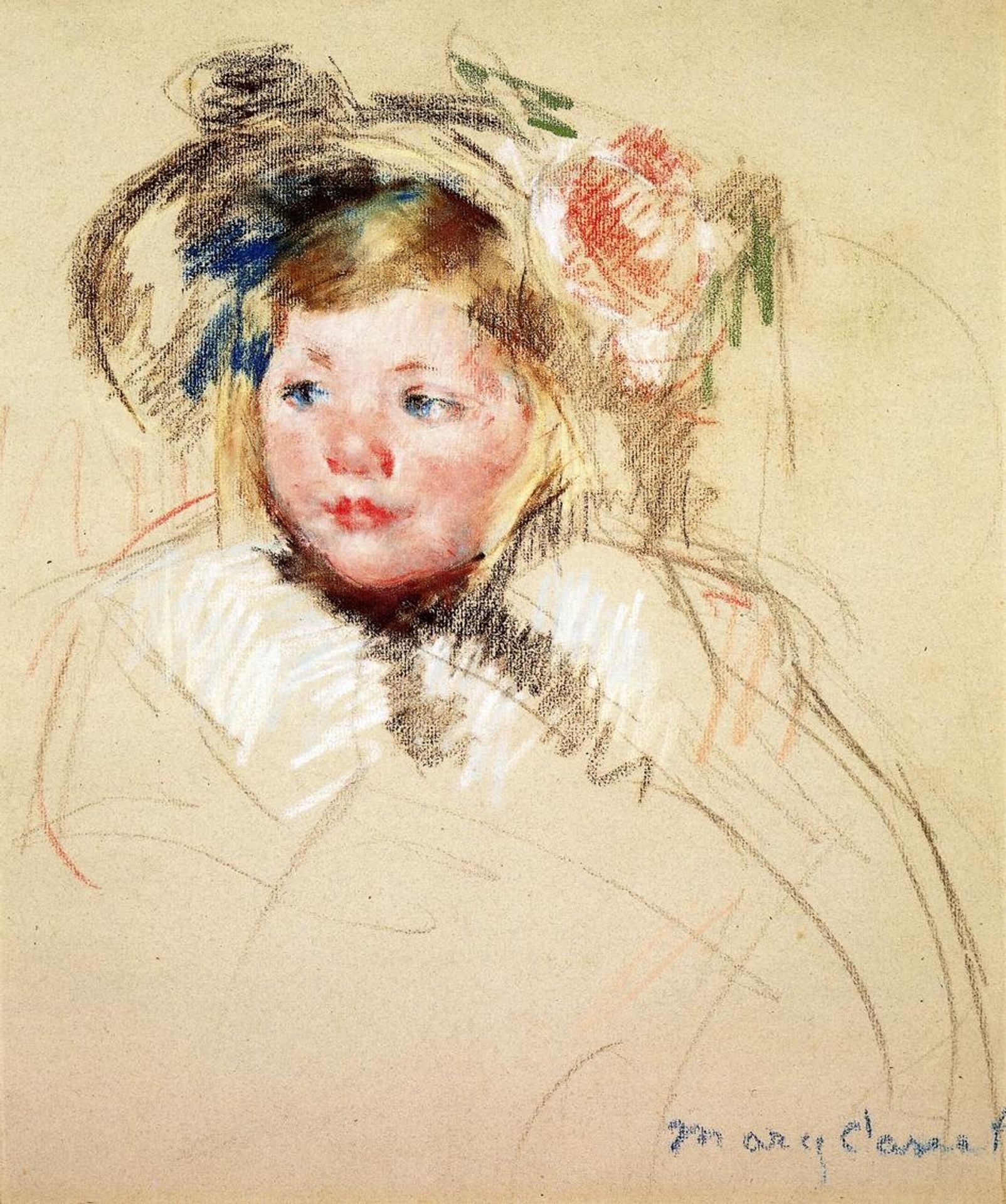 Head of Sara in a Bonnet Looking Left by Mary Cassatt