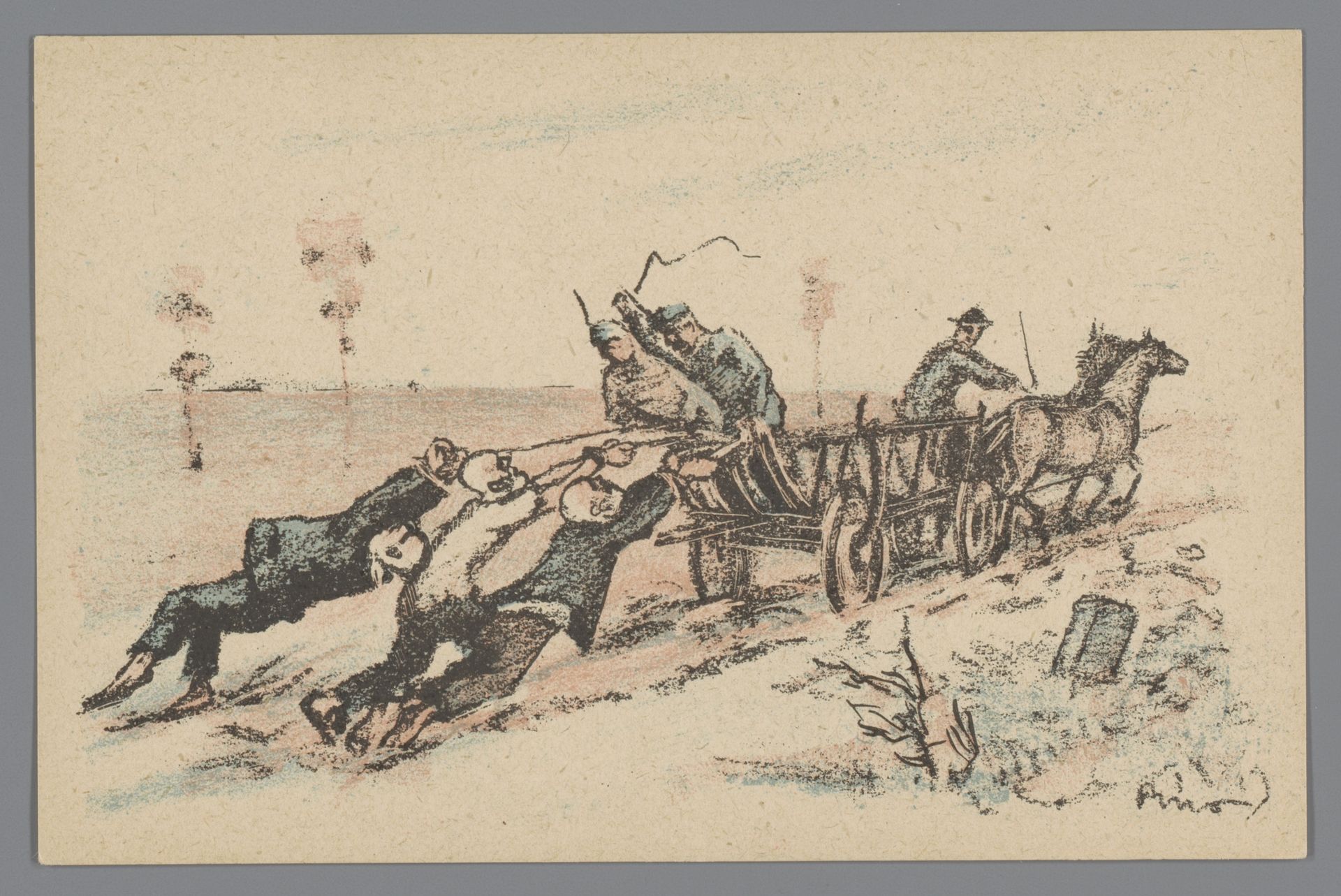 Mannen vastgebonden aan een rijdende wagen worden gegeseld door soldaten by Mihály Biró