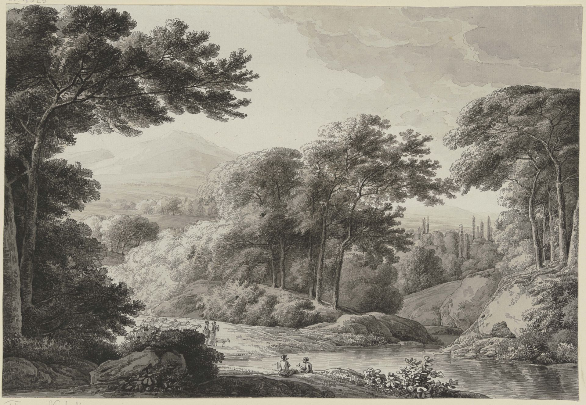 Baumreiche Landschaft mit Schafherde by Franz Kobell