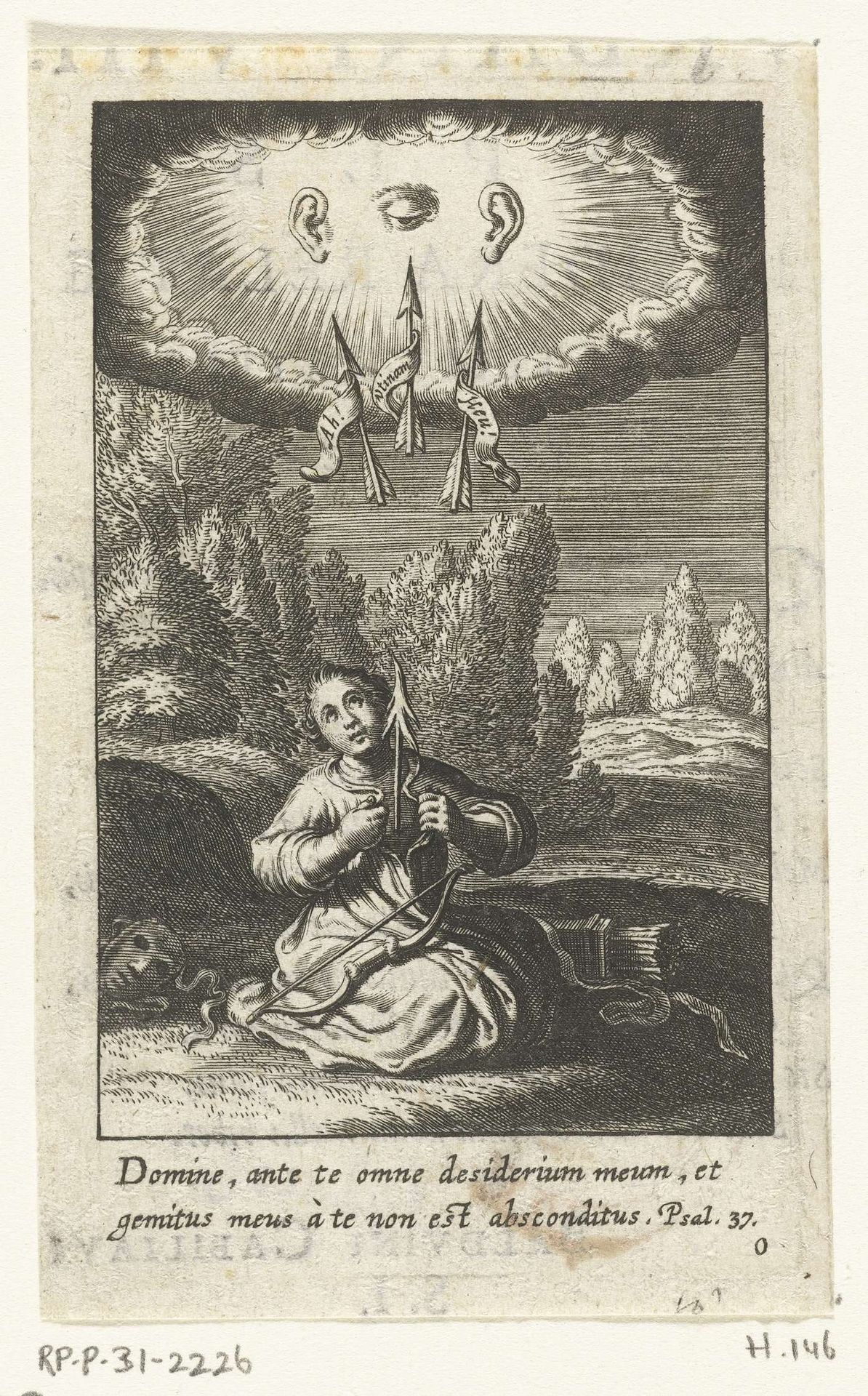 Kind met pijl en boog en alziend oog van God by Boëtius Adamsz. Bolswert
