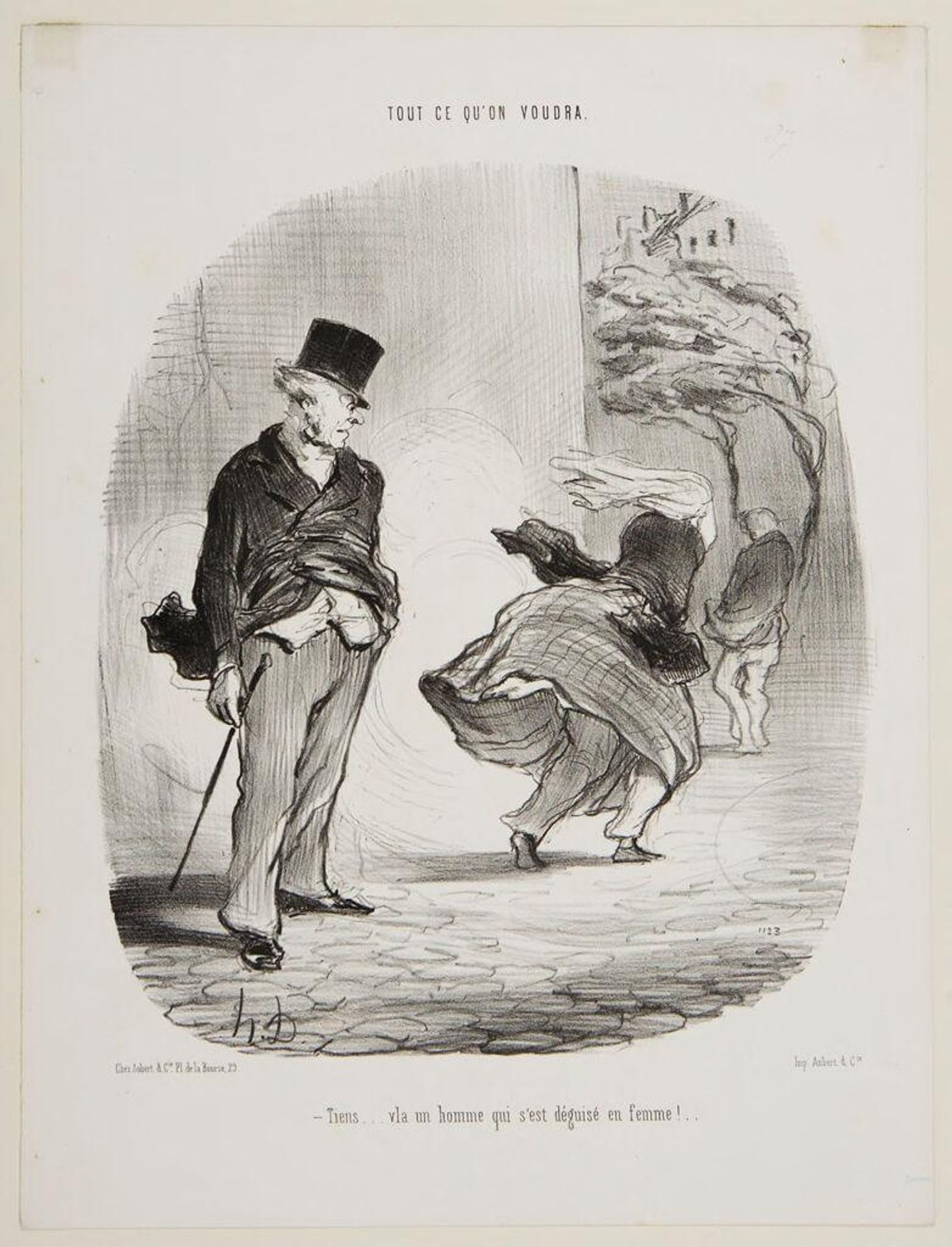 "Hey...there goes a man disgused as a woman!" by Honoré Daumier