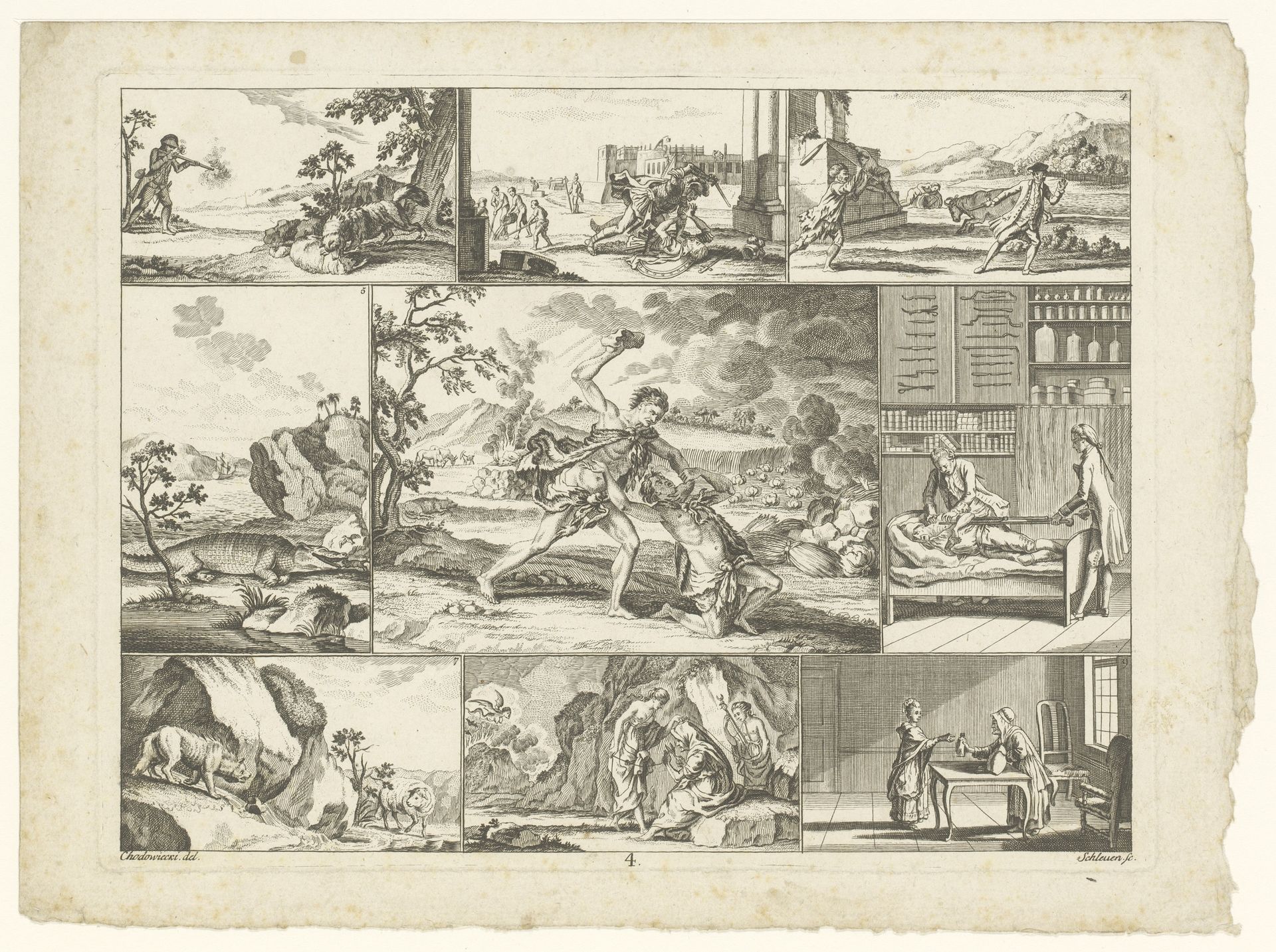Kaïn doodt Abel, omringd door uiteenlopende voorstellingen by Johann David (I) Schleuen