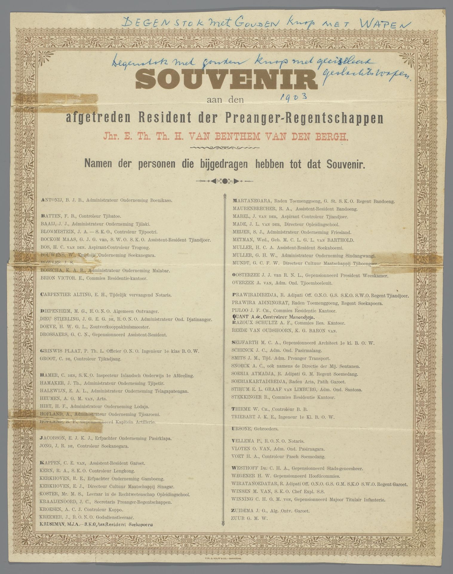 Souvenir aan den afgetreden Resident der Preanger-Regentschappen Jhr. E.Th.H. van Benthem van den Bergh by G. Kolff & Co
