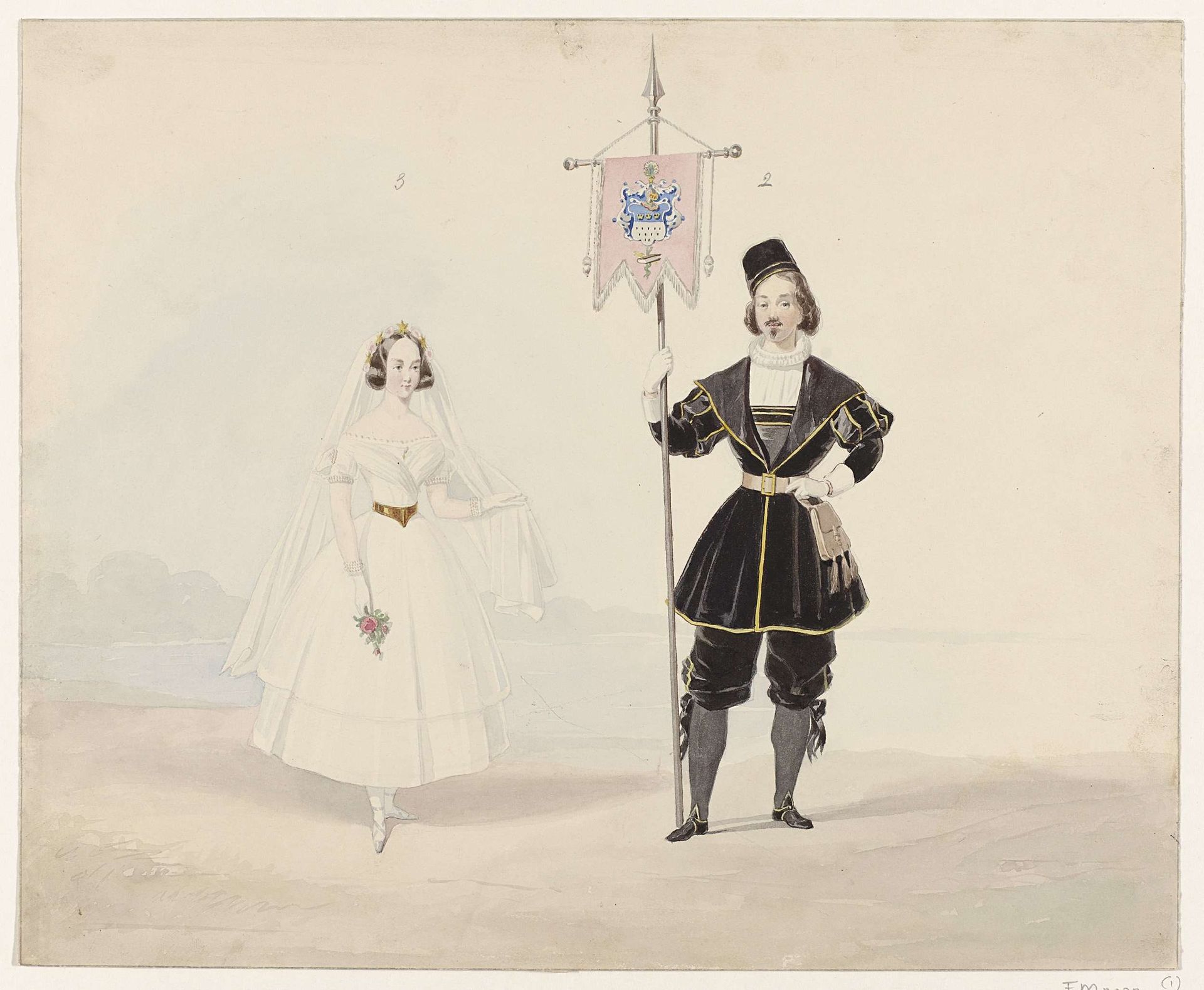 Man en vrouw in historisch kostuum, 1841 by Huib van Hove Bz