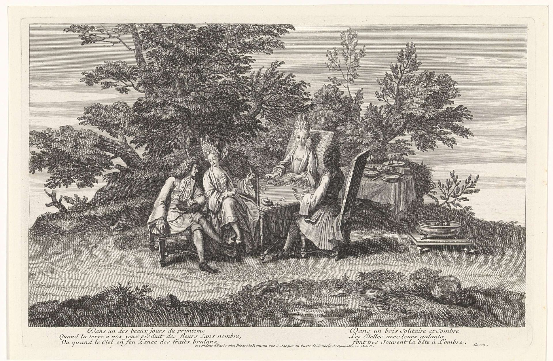 Elegant gezelschap speelt het kaartspel Jeu de l'hombre by Bernard Picart