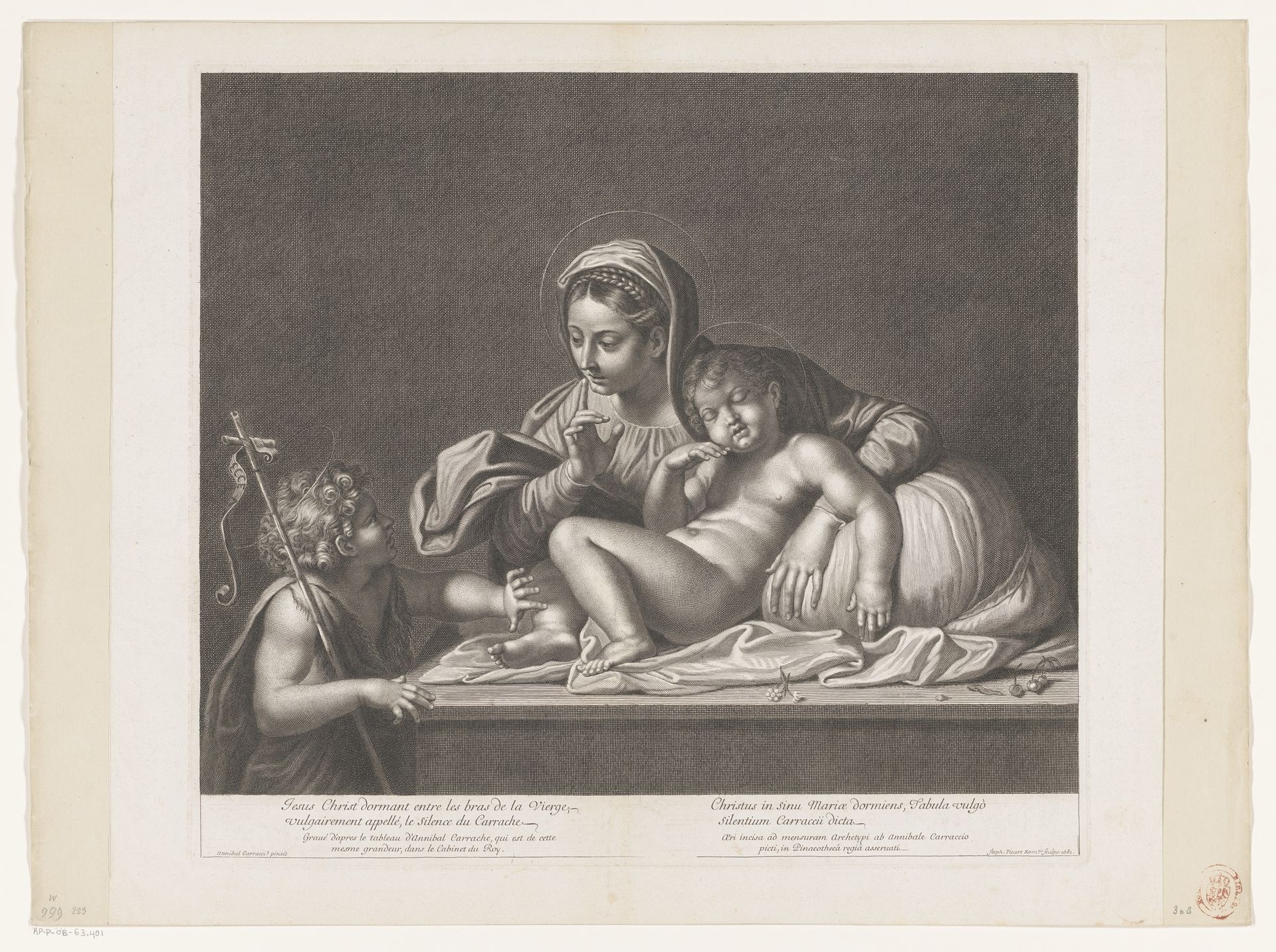Maria met slapende Christus maant Johannes de Doper tot stilte by Etienne Picart