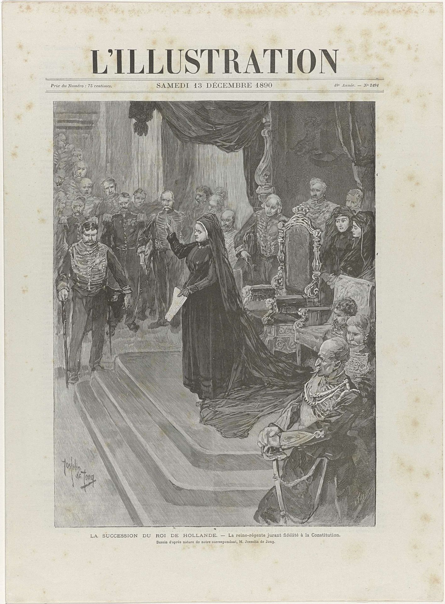 Krant met een artikel over het overlijden en de begrafenis van Willem III, koning der Nederlanden, op 23 november en 4 december 1890 en zijn opvolging door Emma, koningin-regentes der Nederlanden by Pierre Emile Tilly