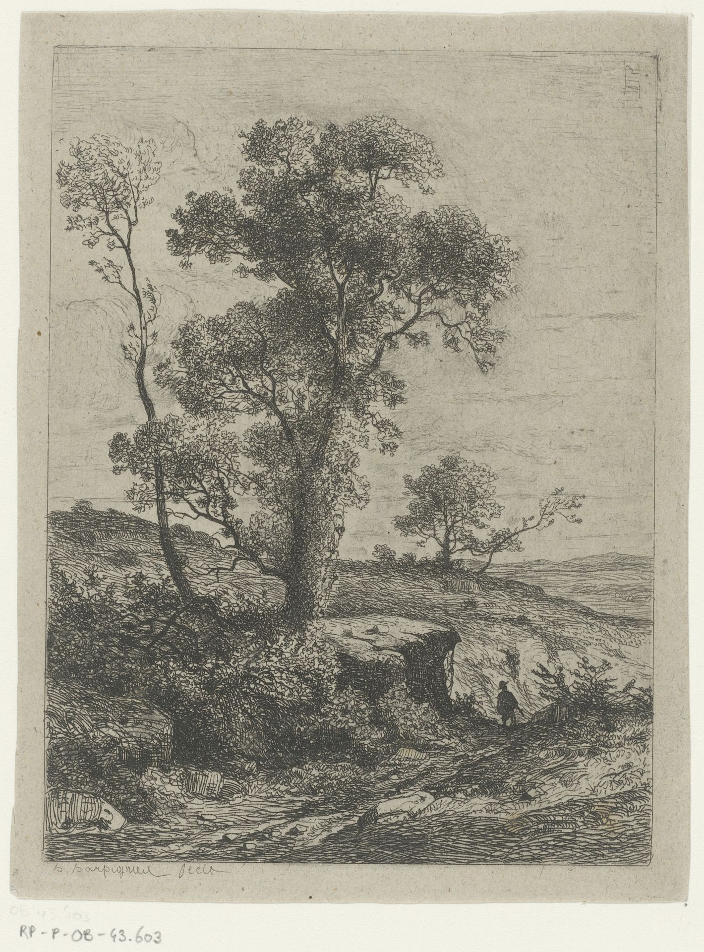 Landschap met bomen op een rots naast een pad by Henri-Joseph Harpignies