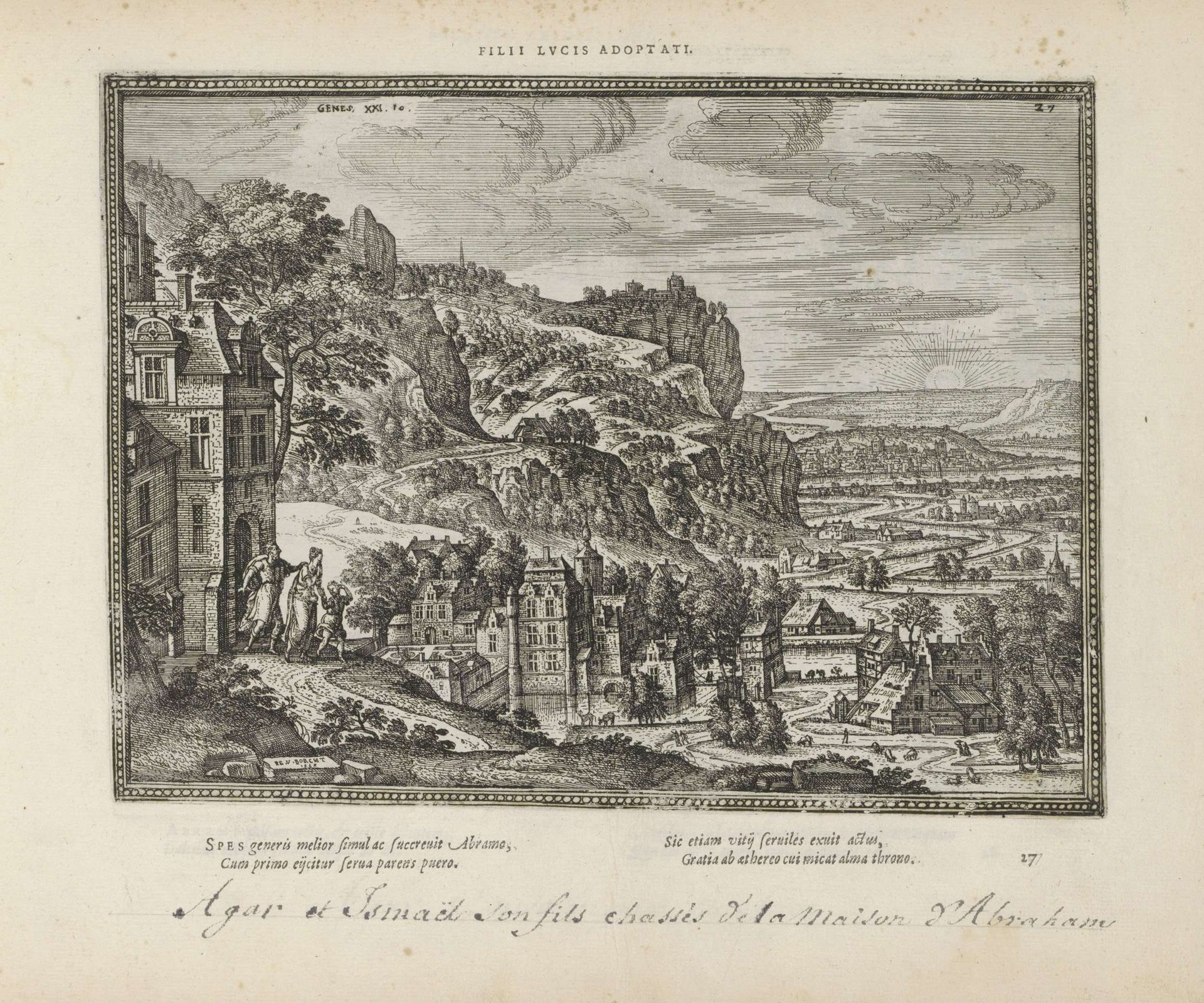 Landschap met de verdrijving van Hagar en Ismaël door Abraham by Pieter van der (I) Borcht