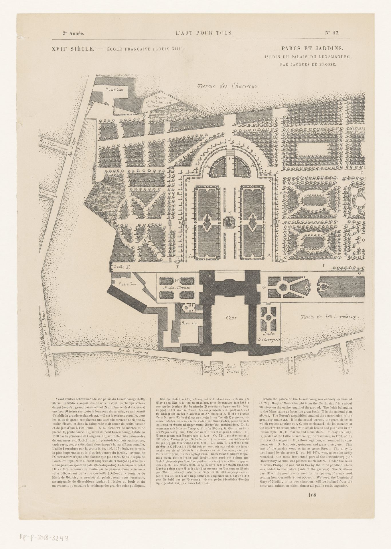 Pagina uit L'Art pour tous met een afbeelding van de tuin van het Palais du Luxembourg by Anonymous