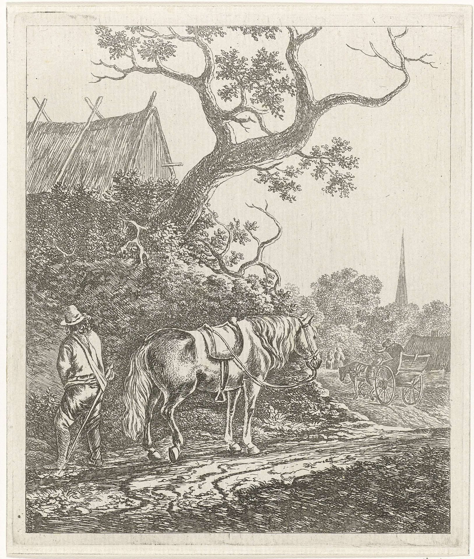 Paard op landweg met waterende man by Hendrik Godart de Marée