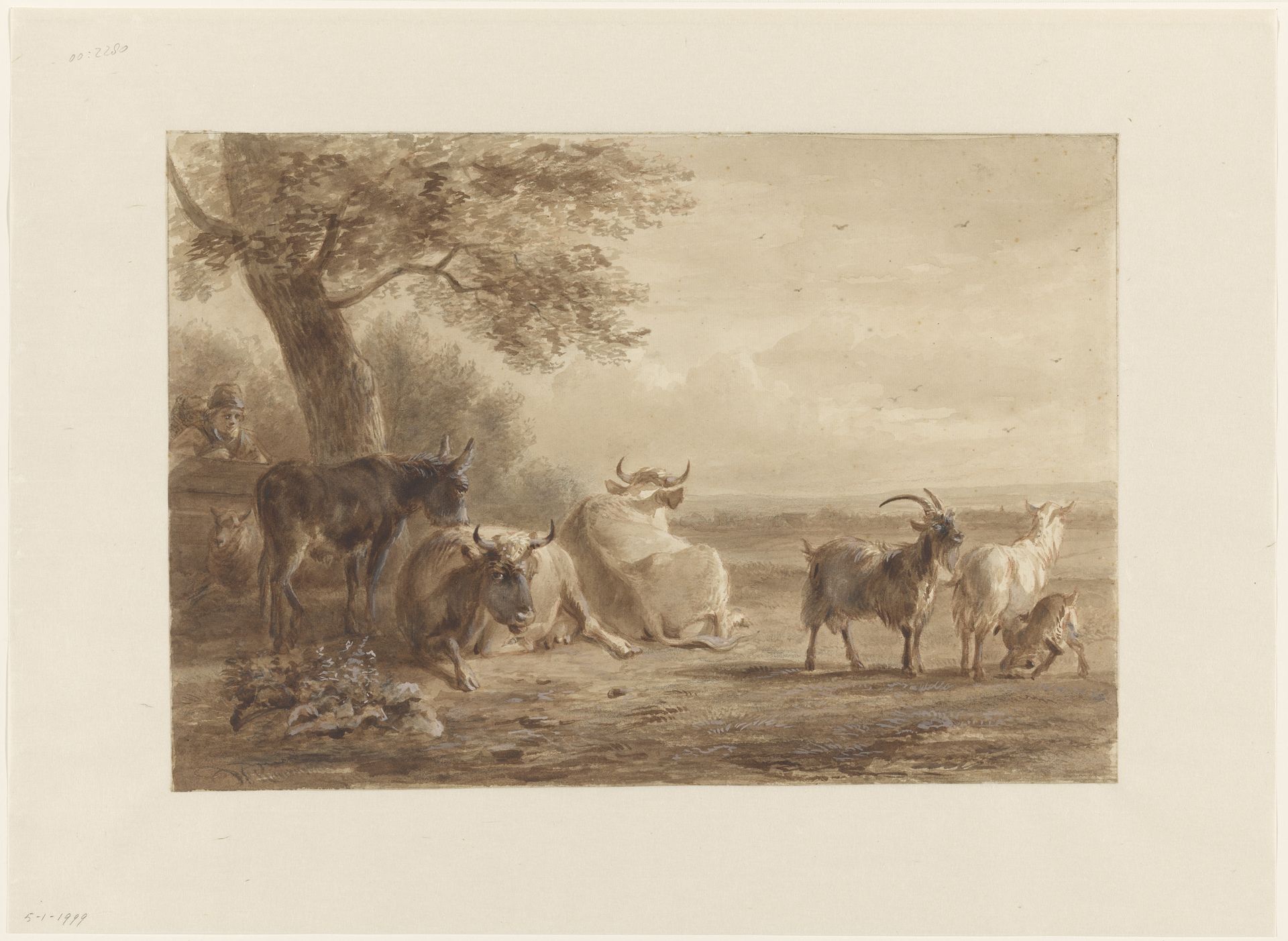 Vee onder een boom en een man met een mand by Jan van Ravenswaay