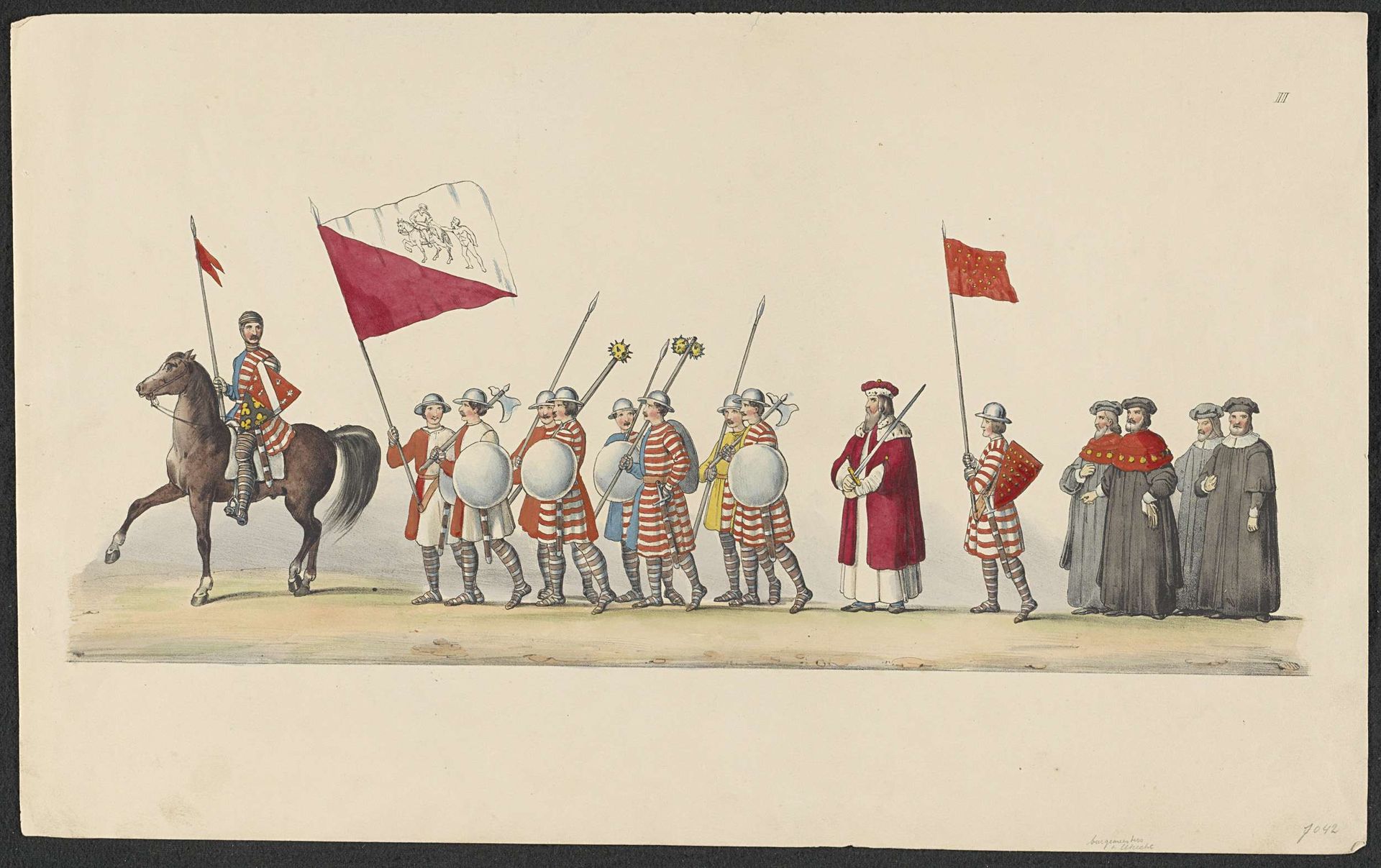 Gekostumeerde optocht van 1841: ruiter en voetsoldaten (blad II) by Anonymous