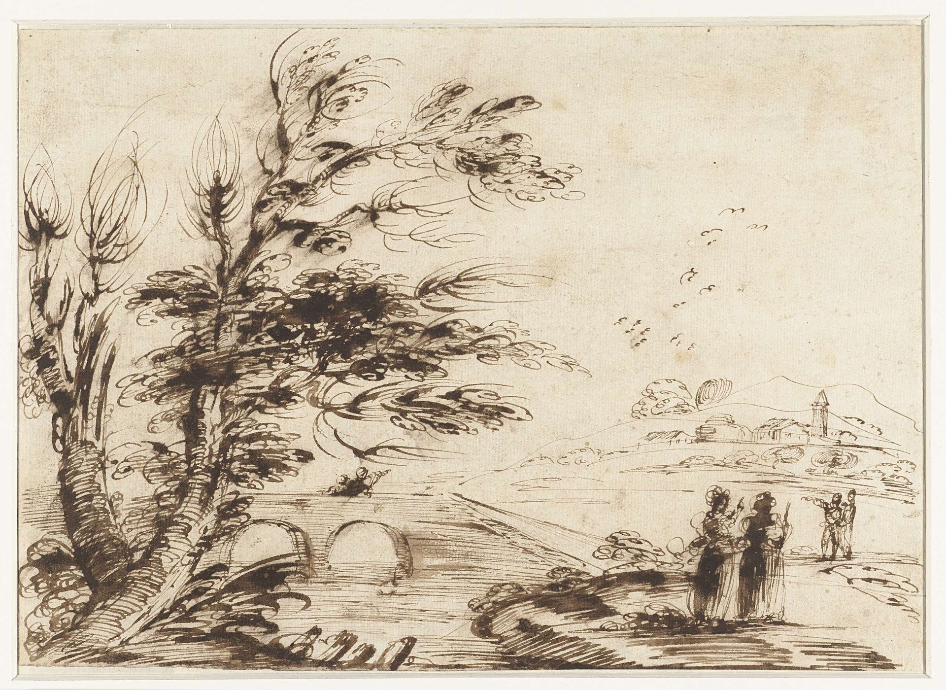 Landschap met een brug en enkele figuren by Guercino