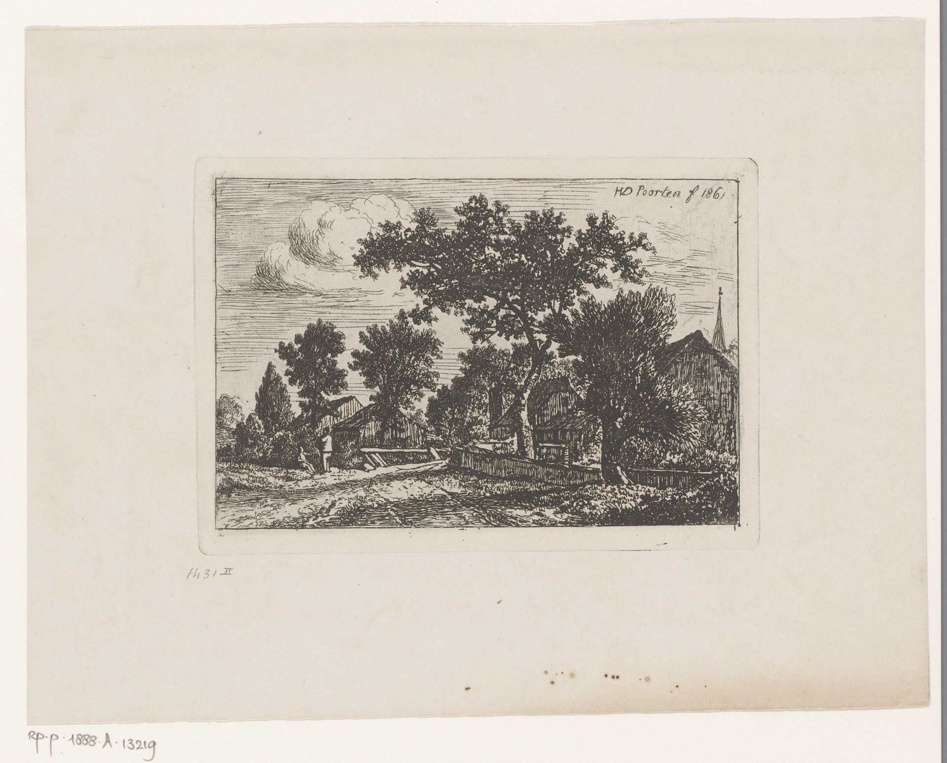 Man en vrouw in gesprek bij een dorp by Hendrik Jozef Franciscus van der Poorten