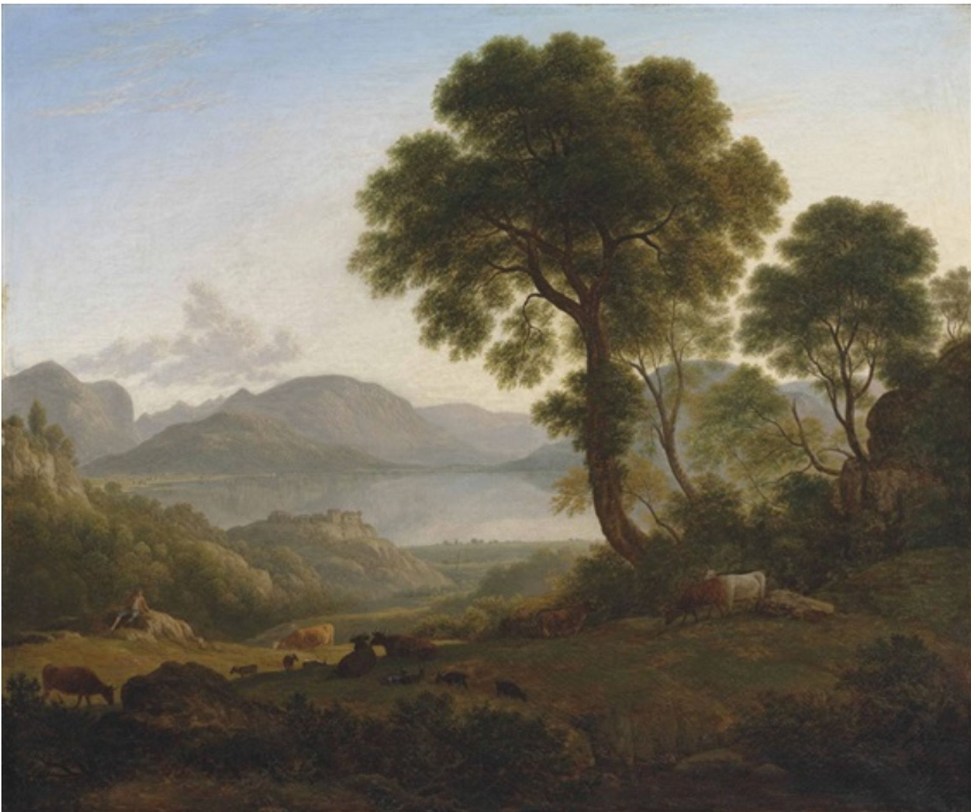 A lake landscape with a shepherd, cattle and goats in the foreground by John Glover