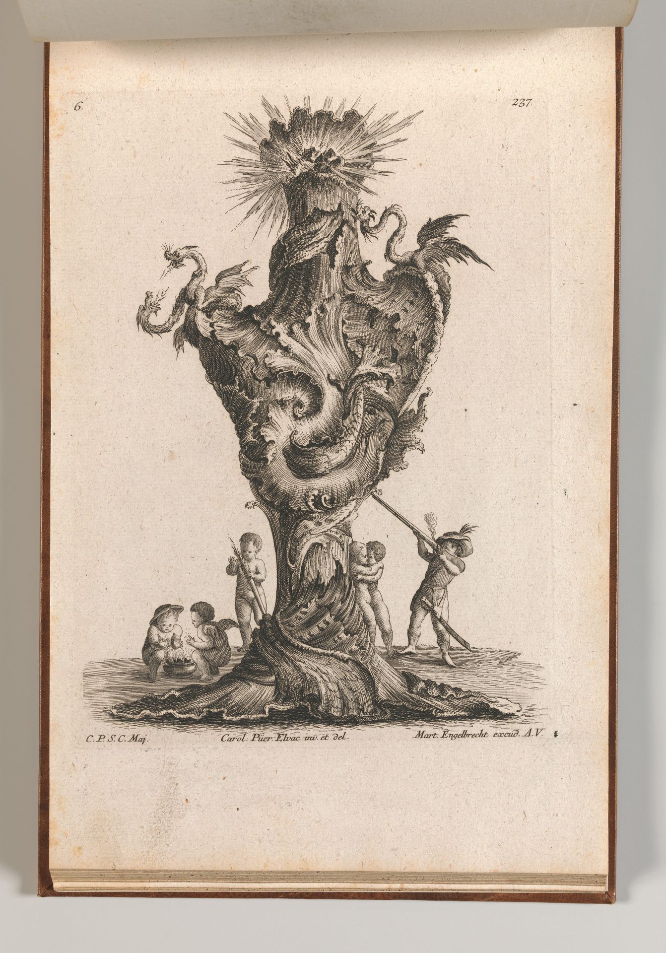 Design for a large Vase representing 'Fire', Plate 6 from: 'Neu inventierte Vasi auf die neueste manier' by Jacob Gottlieb Thelot