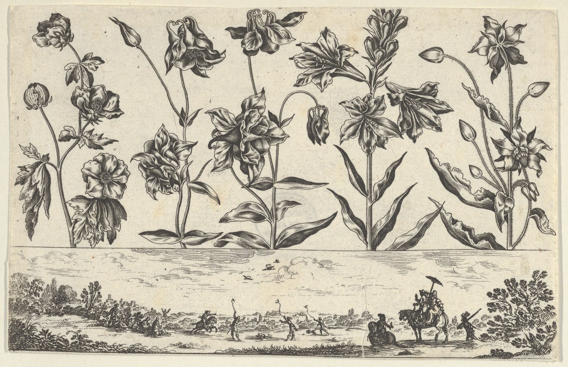 Horizontal Panel with a Row of Flowers Above a Frieze with a Hunting Scene in a Landscape, from Livre Nouveau de Fleurs Tres-Util by Nicolas Cochin