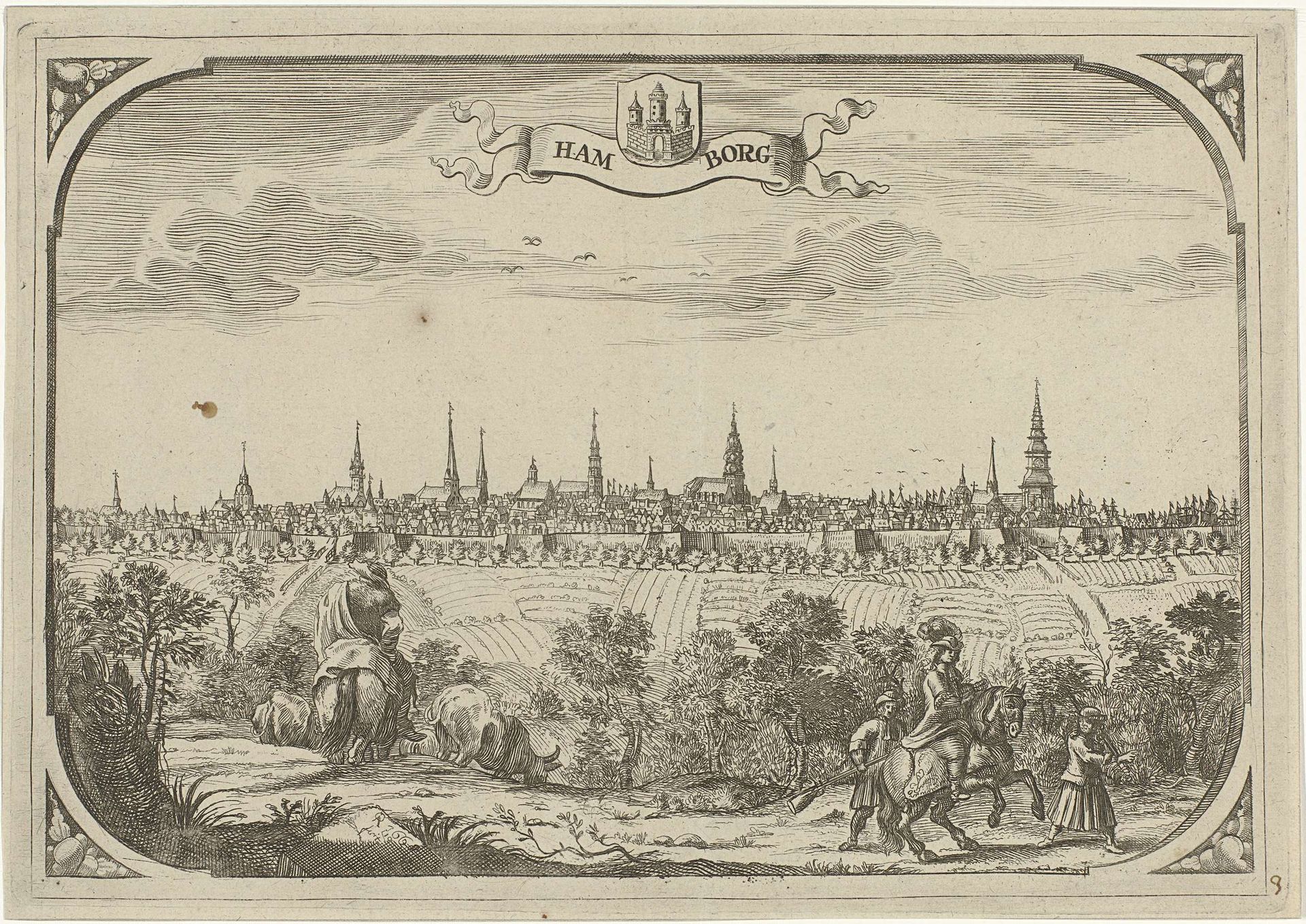 Gezicht op de stad Hamburg by Adriaen Oudendijck