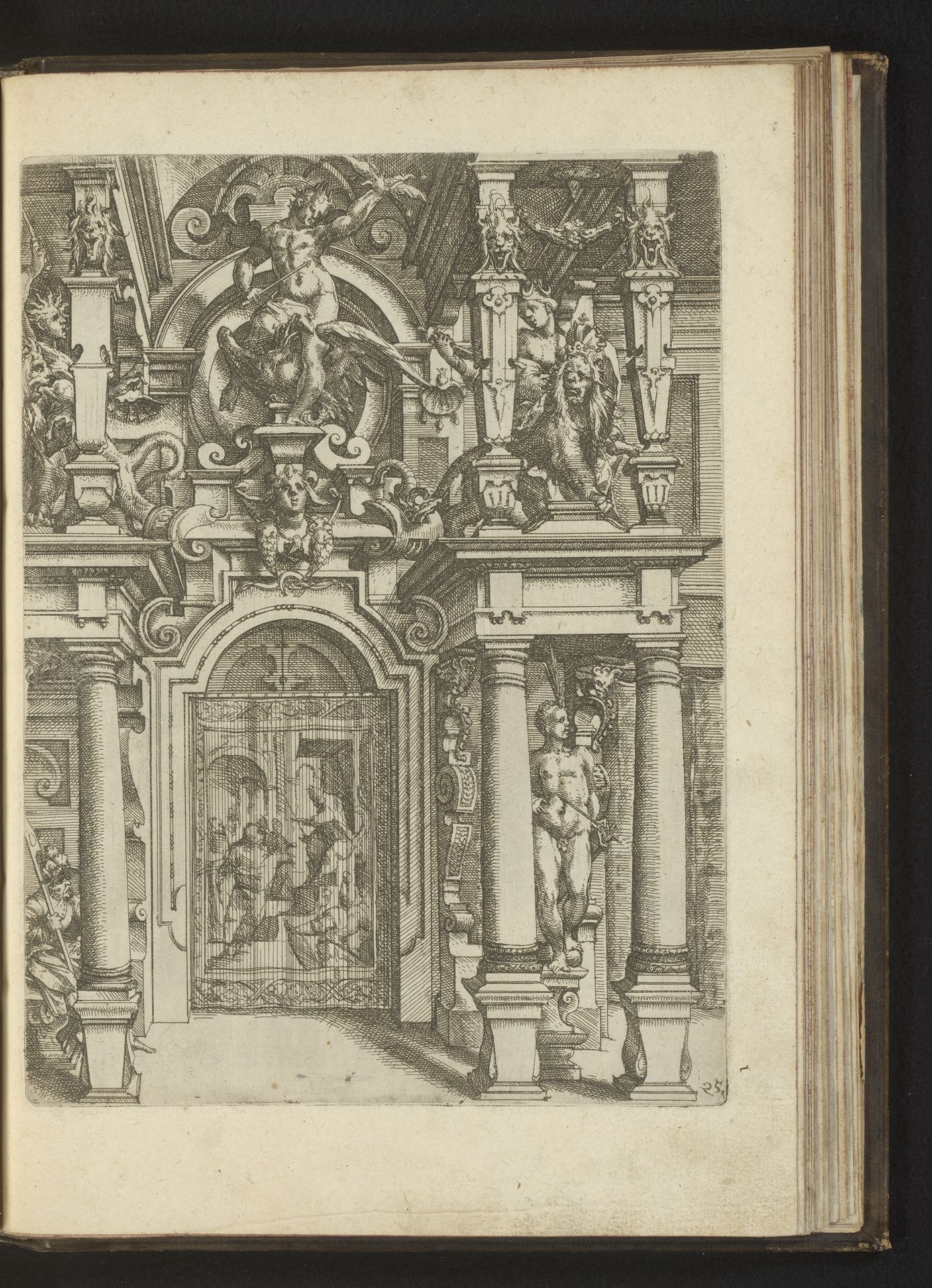 Portaal met tapijt voor de doorgang en bovenaan Zeus op een adelaar geflankeerd door vrouwen op leeuwen by Wendel (I) Dietterlin