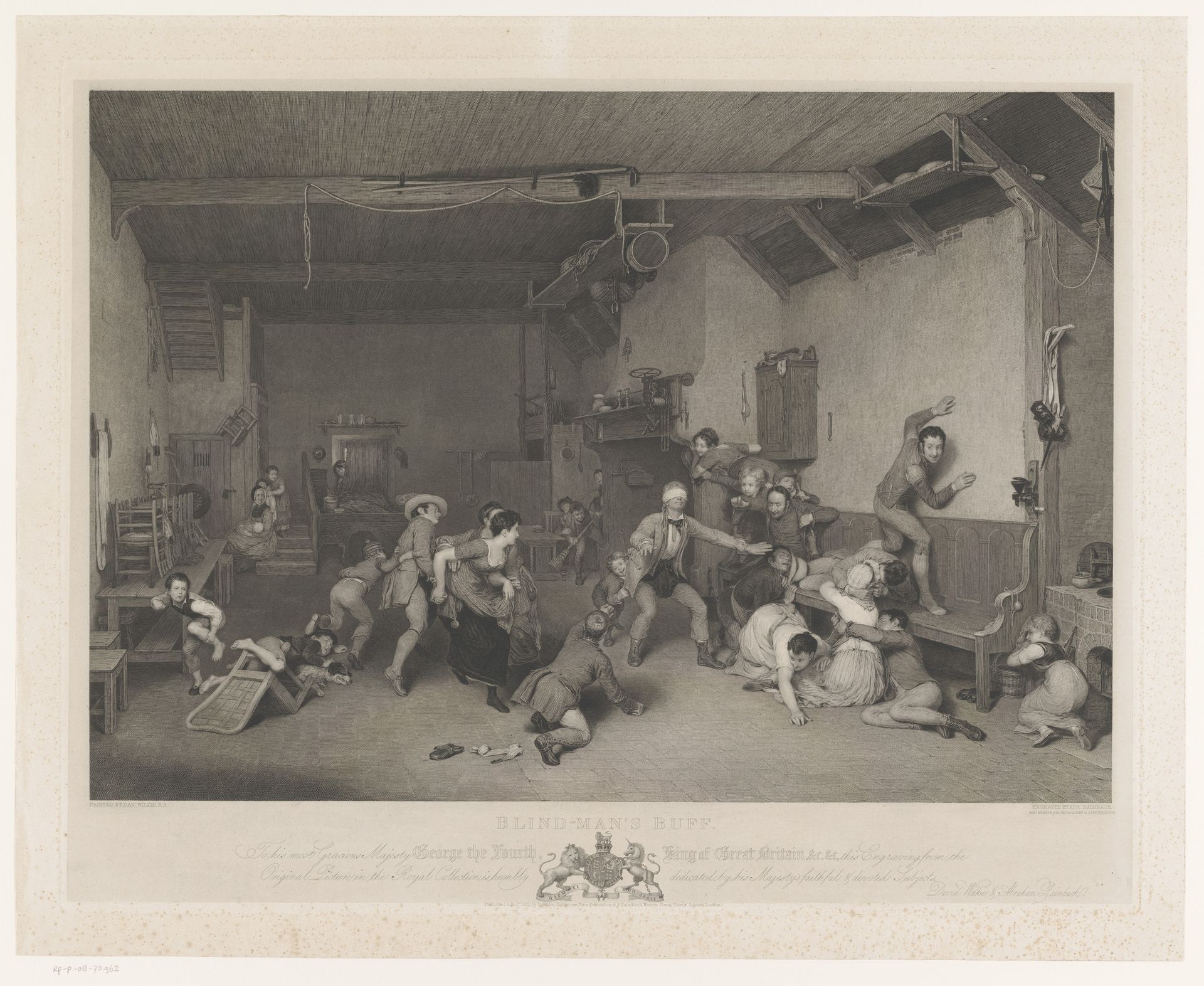 Blindemannetje in interieur met openhaard by Abraham Raimbach