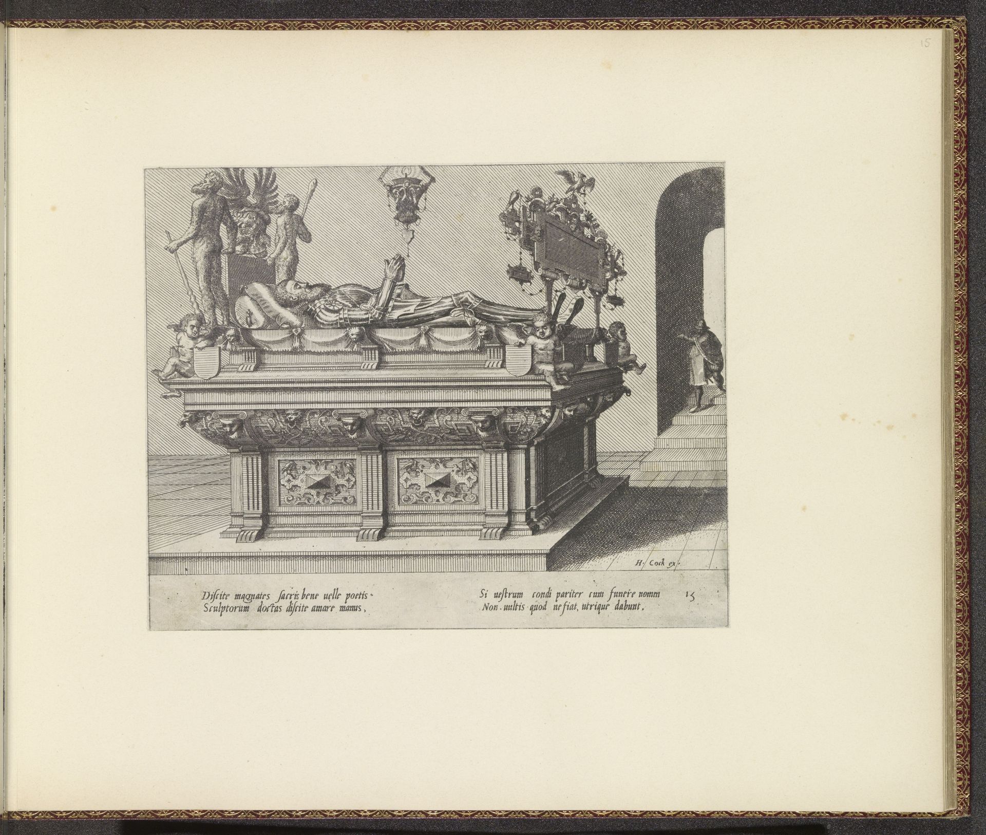Vrijstaand grafmonument voor een man, met twee wildemannen by Johannes of Lucas van Doetechum