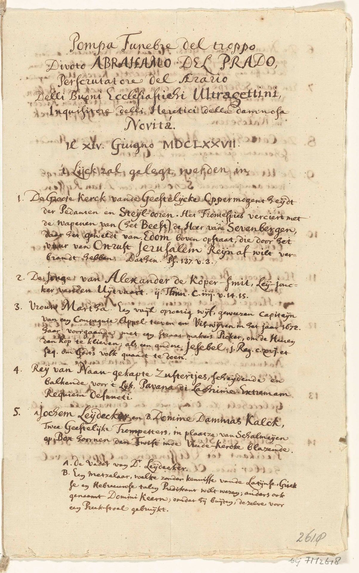 Afschrift van het onderschrift bij de spotprent op de begrafenis van dominee Abraham van de Velde, 14 juni 1677 by Anonymous