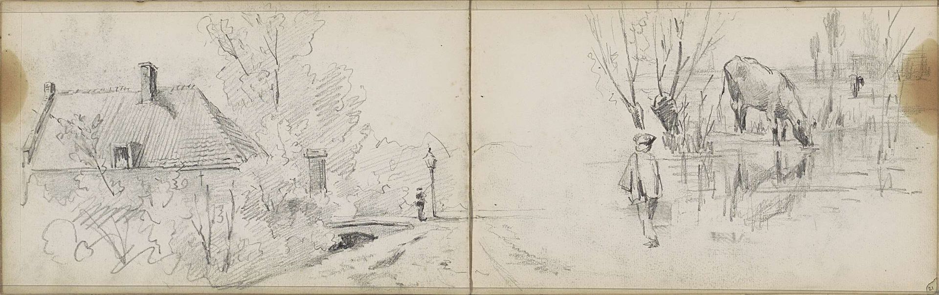 Koeien bij een waterplaats en een huis aan een weg by Willem Cornelis Rip