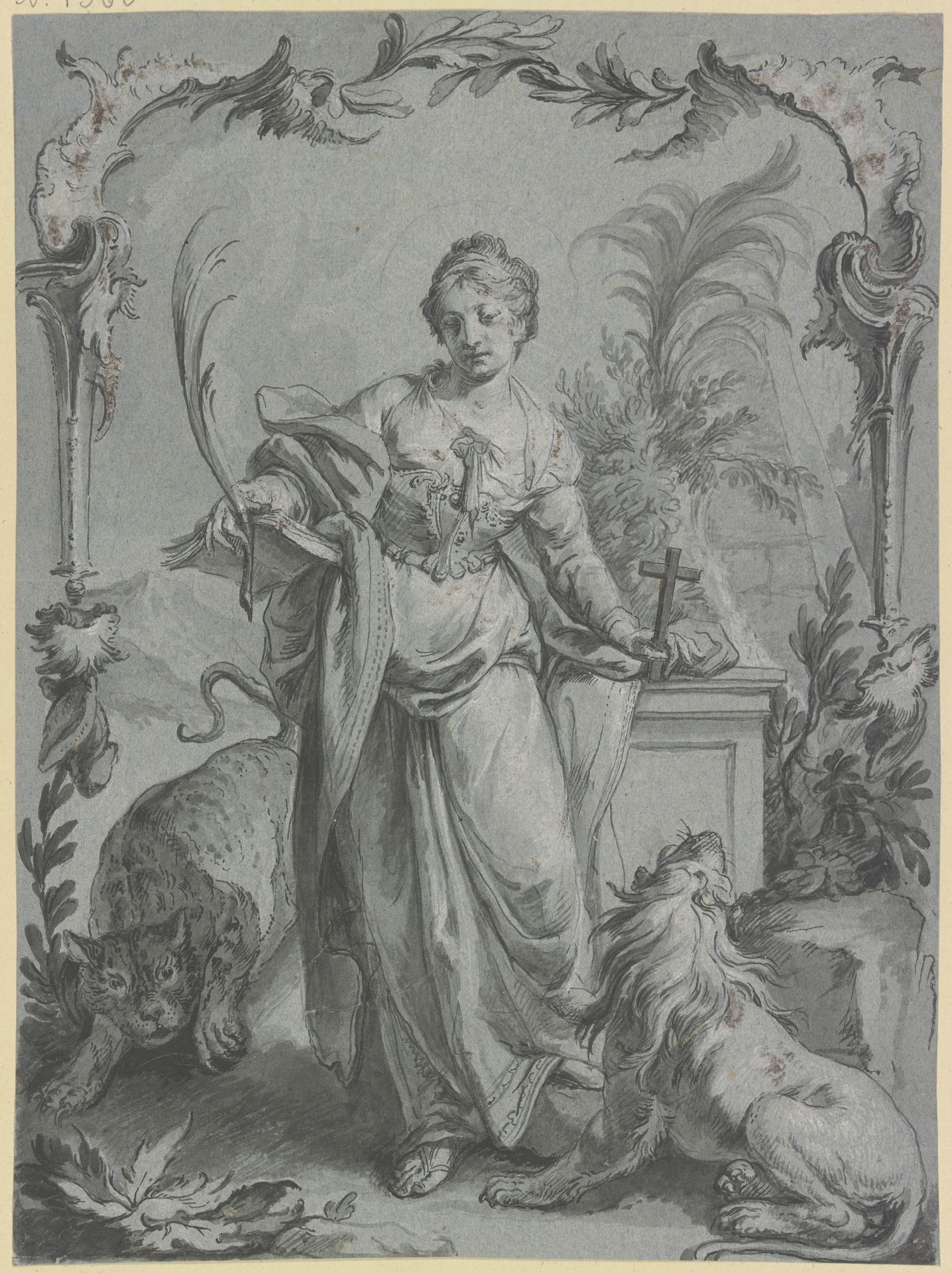 Die Heilige Euphemia, mit Kreuz und Palme vor einem Altar stehend by Johann Wolfgang Baumgartner
