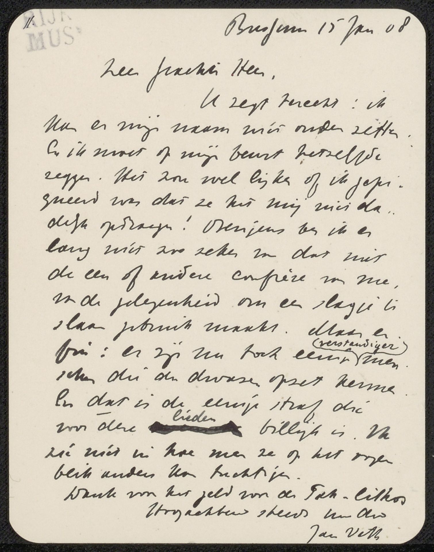 Brief aan Pieter Haverkorn van Rijsewijk by Jan Veth