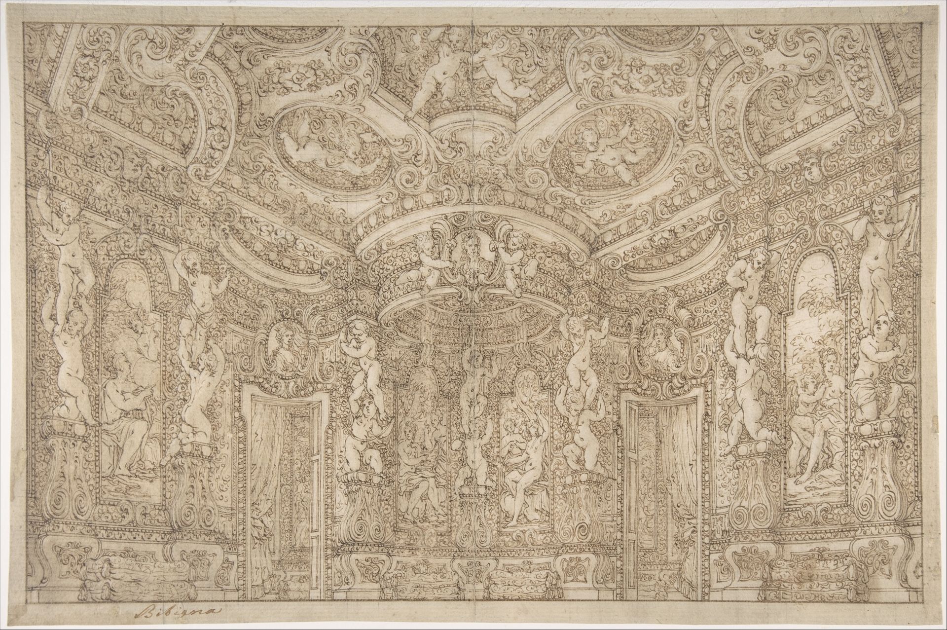 Design for a Stage Set of a Palace Interior Decorated with Putti, Garlands and Three Portrait Medallions by Ferdinando Galli Bibiena