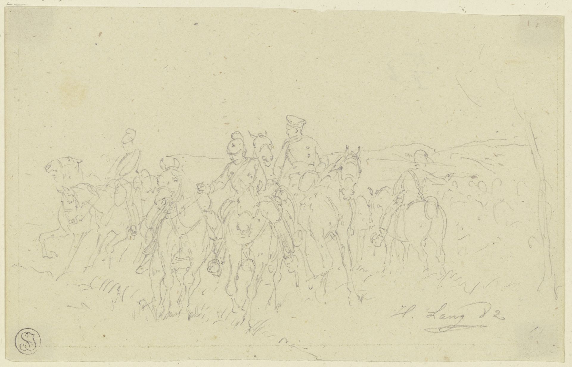 Bayerische Cheveaux-légers_ Ordonanzen, Pferde am Zügel führend by Heinrich Lang