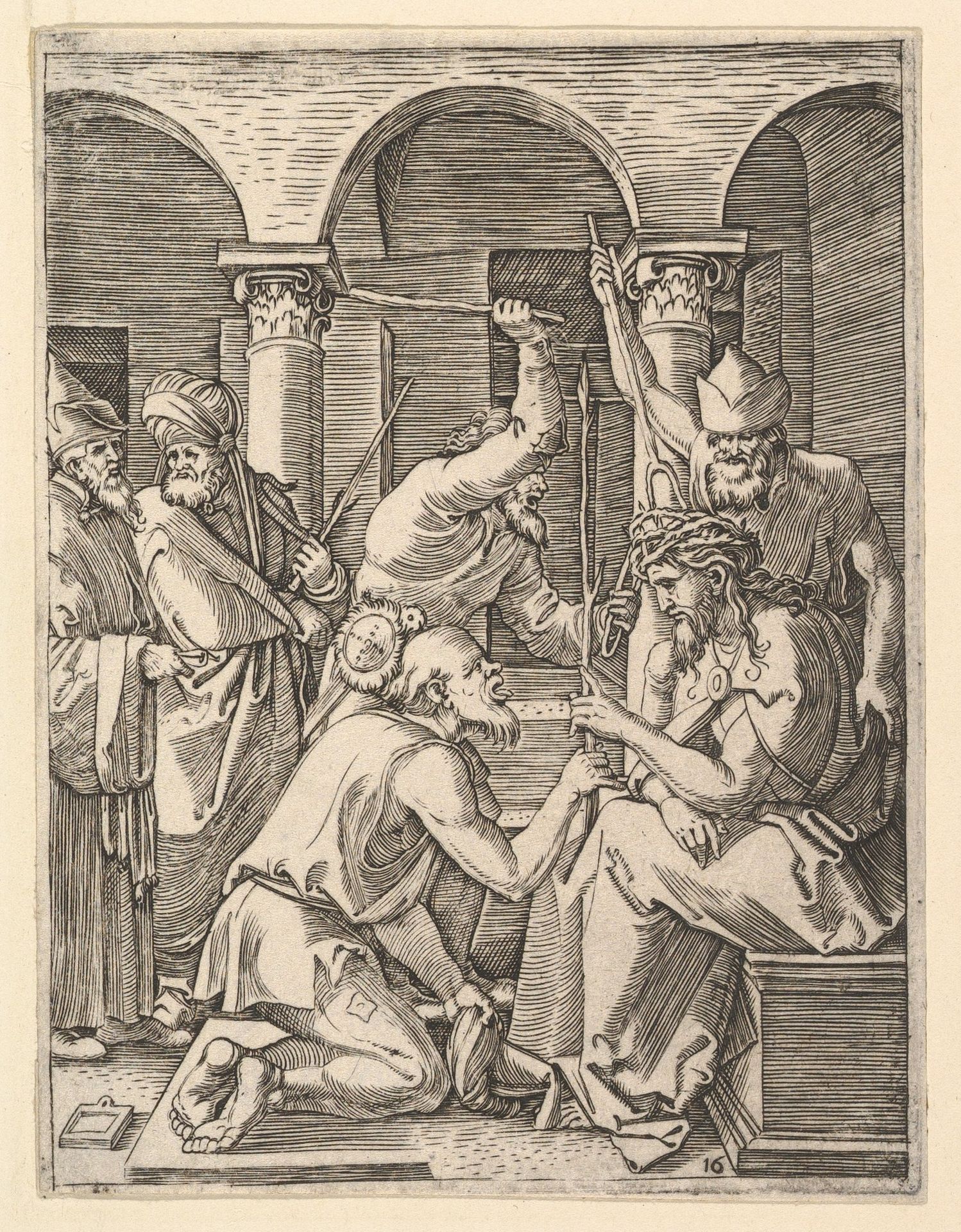 The Crown of Thorns; men putting crown of thorns on Christ who blesses kneeling man, after Dürer by Marcantonio Raimondi