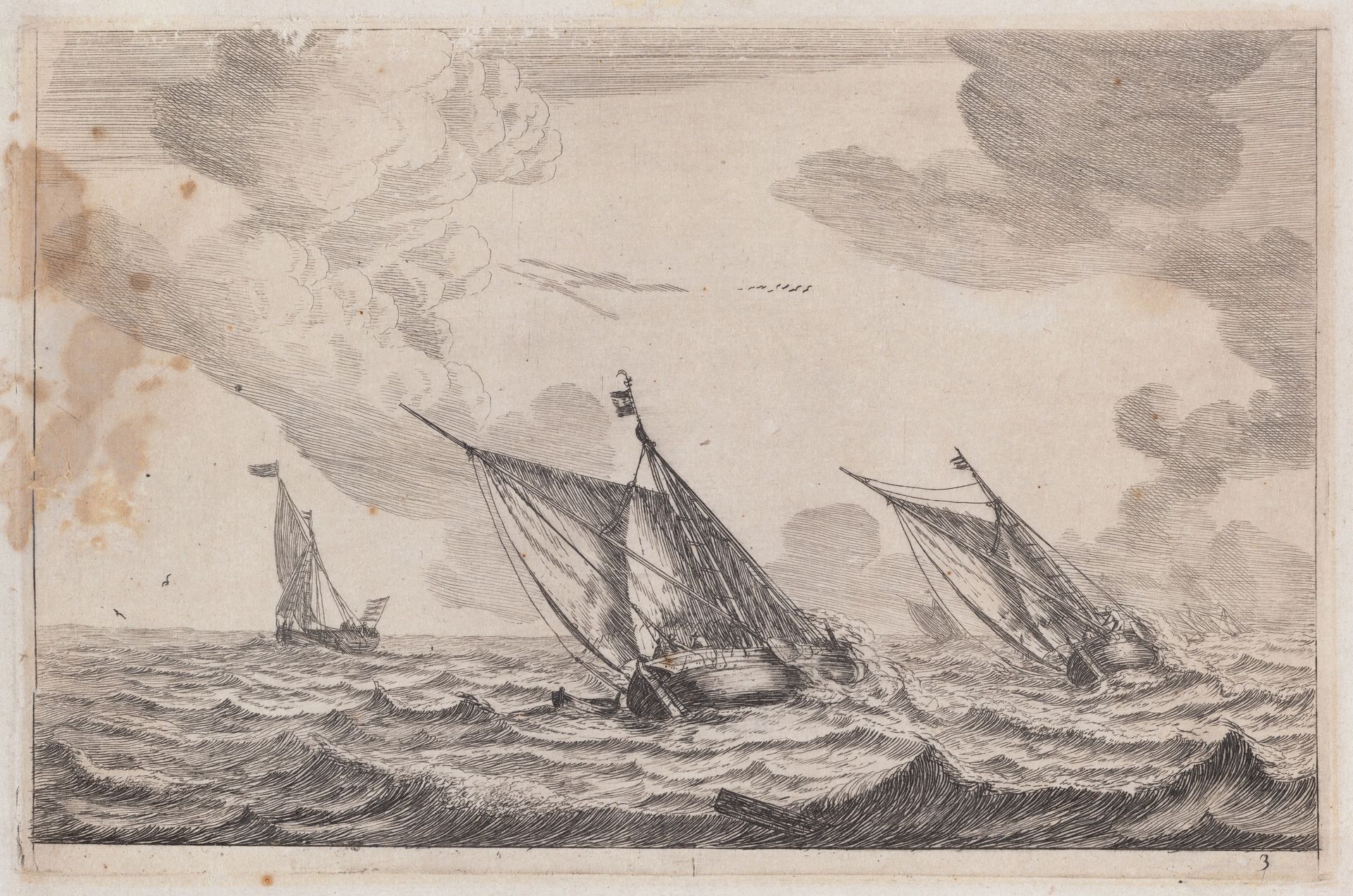 Three Sailing Vessels at Choppy Sea by Reinier Nooms
