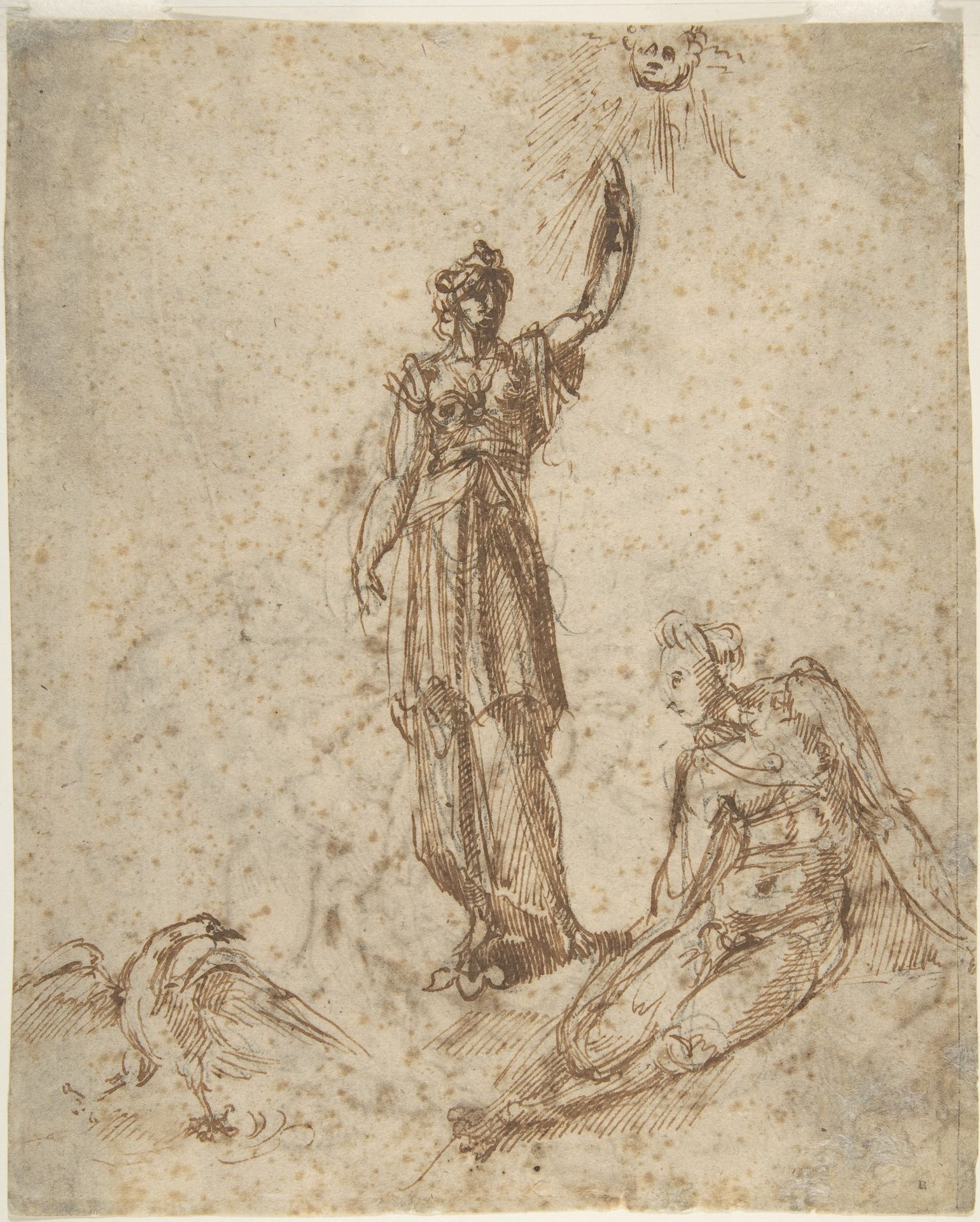 Two Women with Sun and Bird (recto); Two Men Fighting and a Fallen Horse (verso) by Anonymous