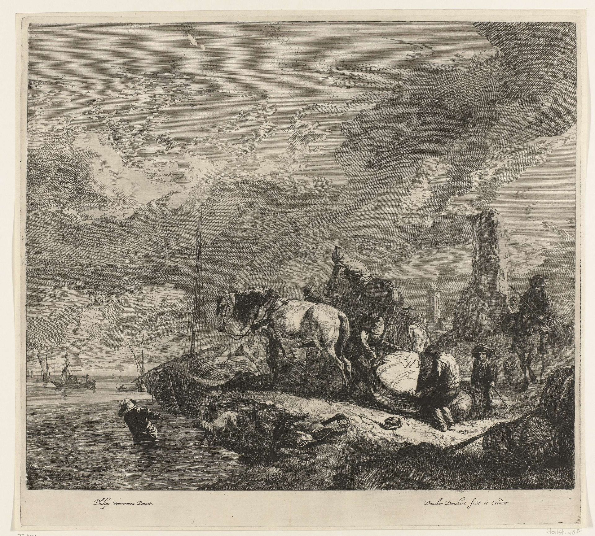 Lading van schip wordt gelost aan de kust by Dancker Danckerts