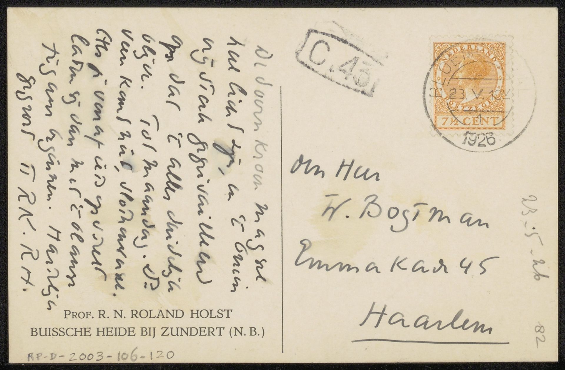 Briefkaart aan Willem Bogtman by Richard Nicolaüs Roland Holst