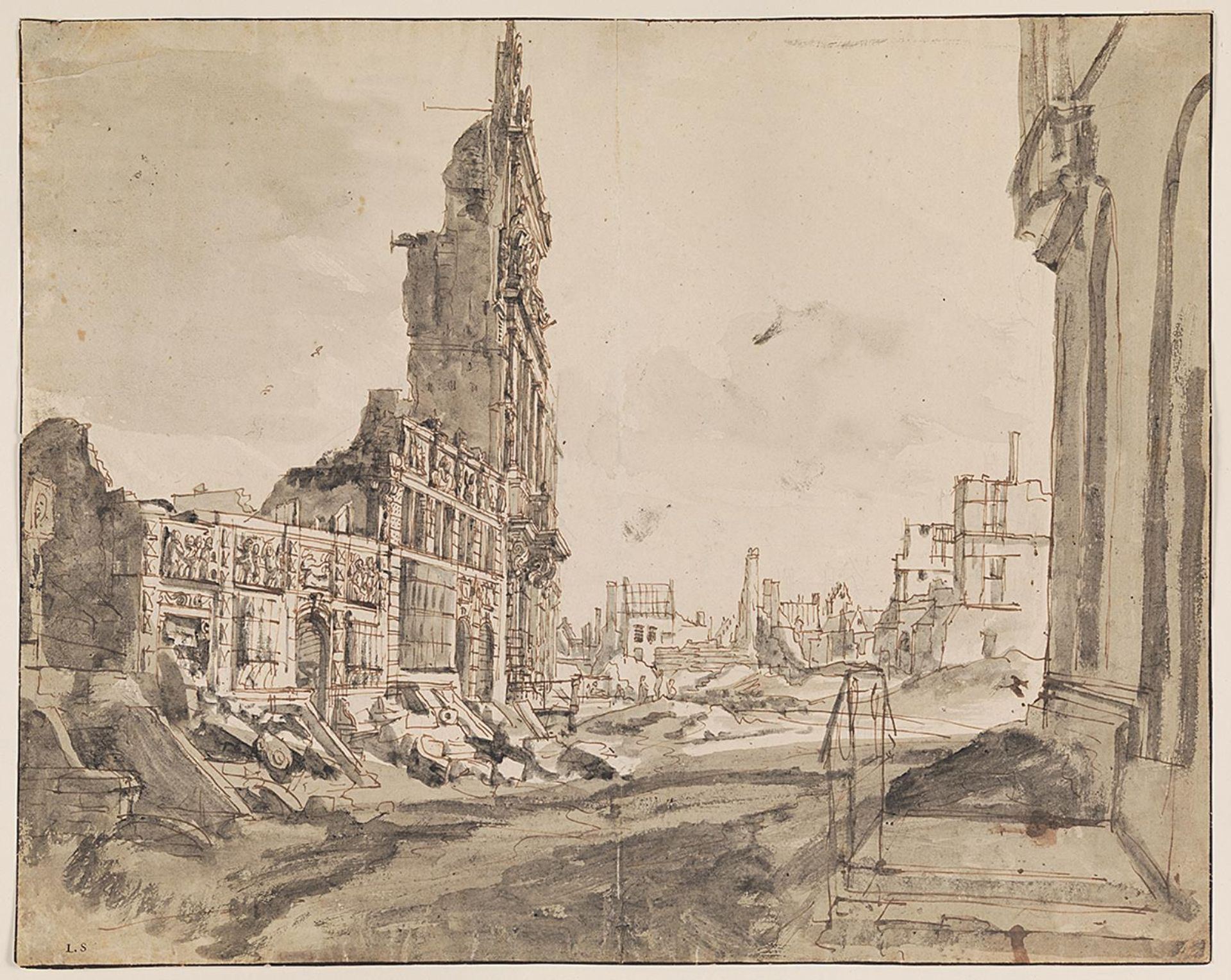 Vu over nordøst og nordvest hjørnerne af Grand Place efter bombardementet i 1695 by Augustin Coppens