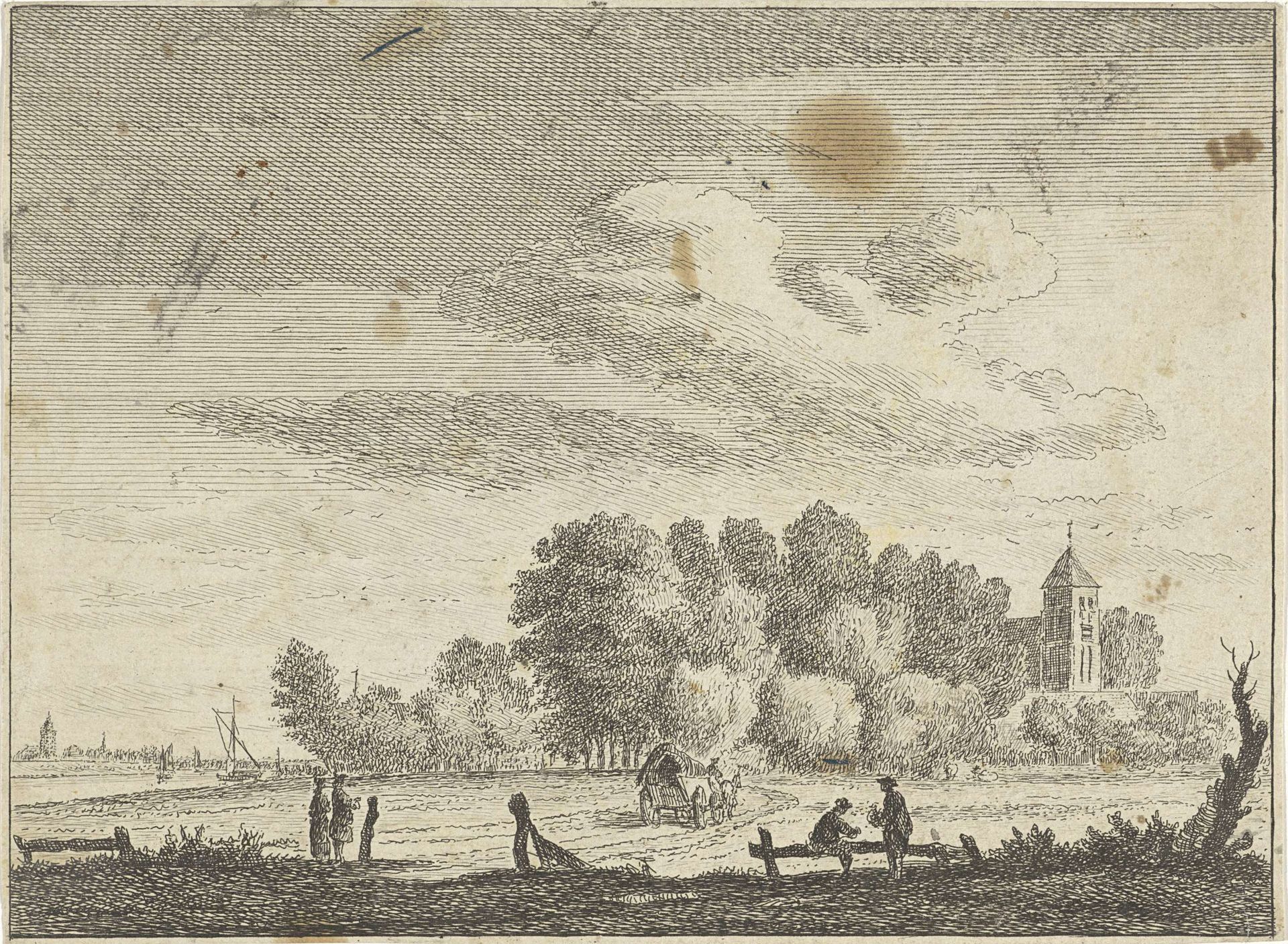 Landschap met een kerk achter bomen by Jan Vincentsz. van der Vinne