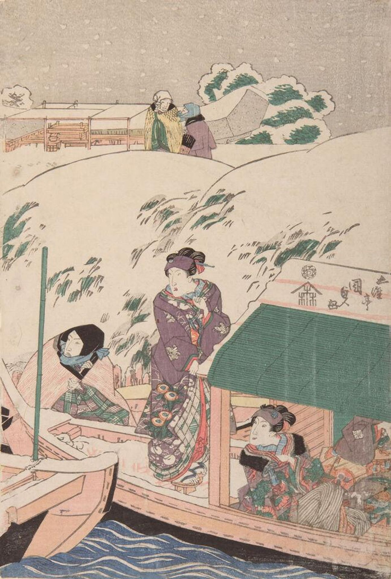 Evening Snow at Mimeguri (Mimeguri no yosetsu) - Actors and Courtesans Getting on a Boat by Utagawa Kunisada
