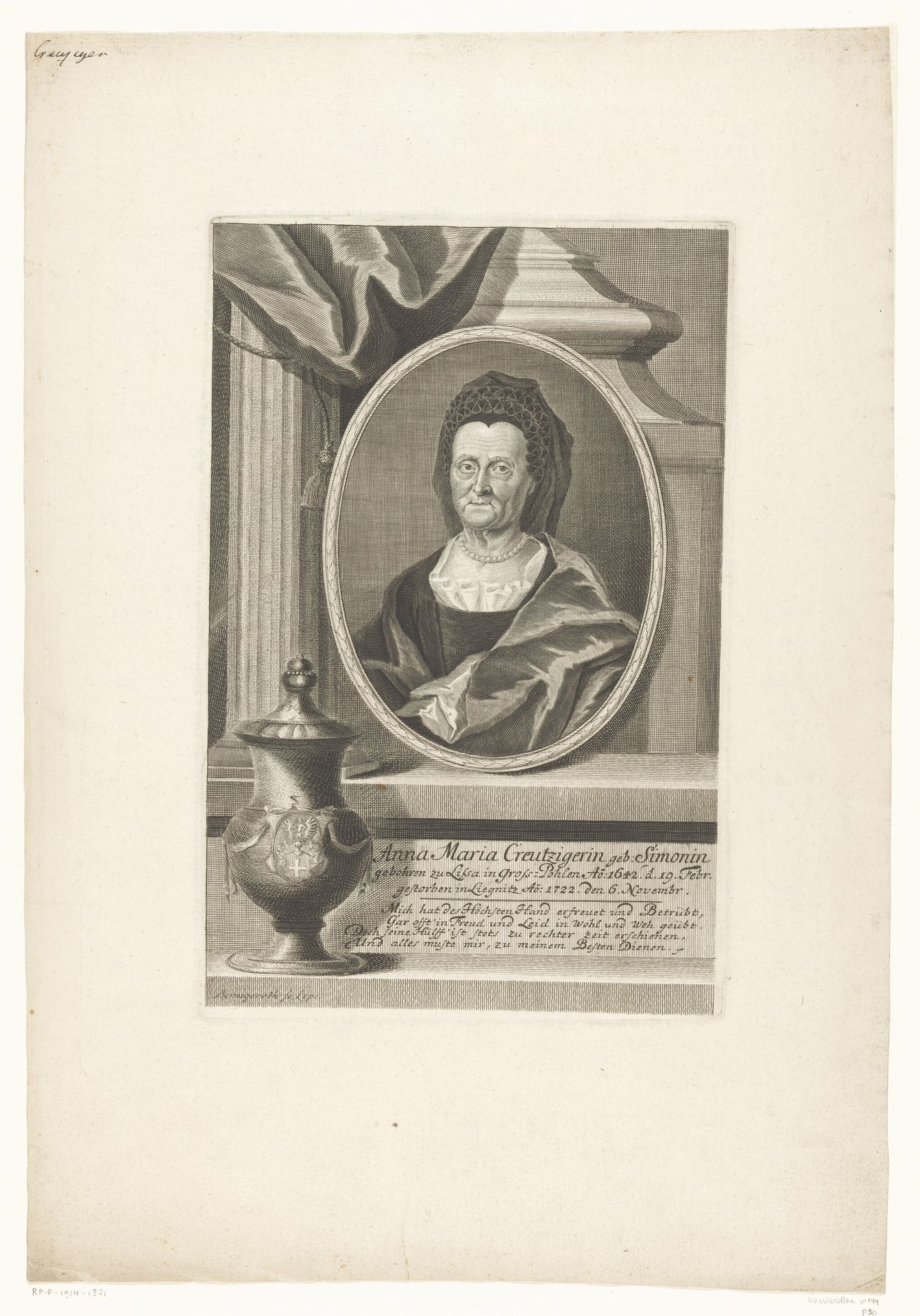 Portret van Anna Maria Creutziger by Martin Bernigeroth